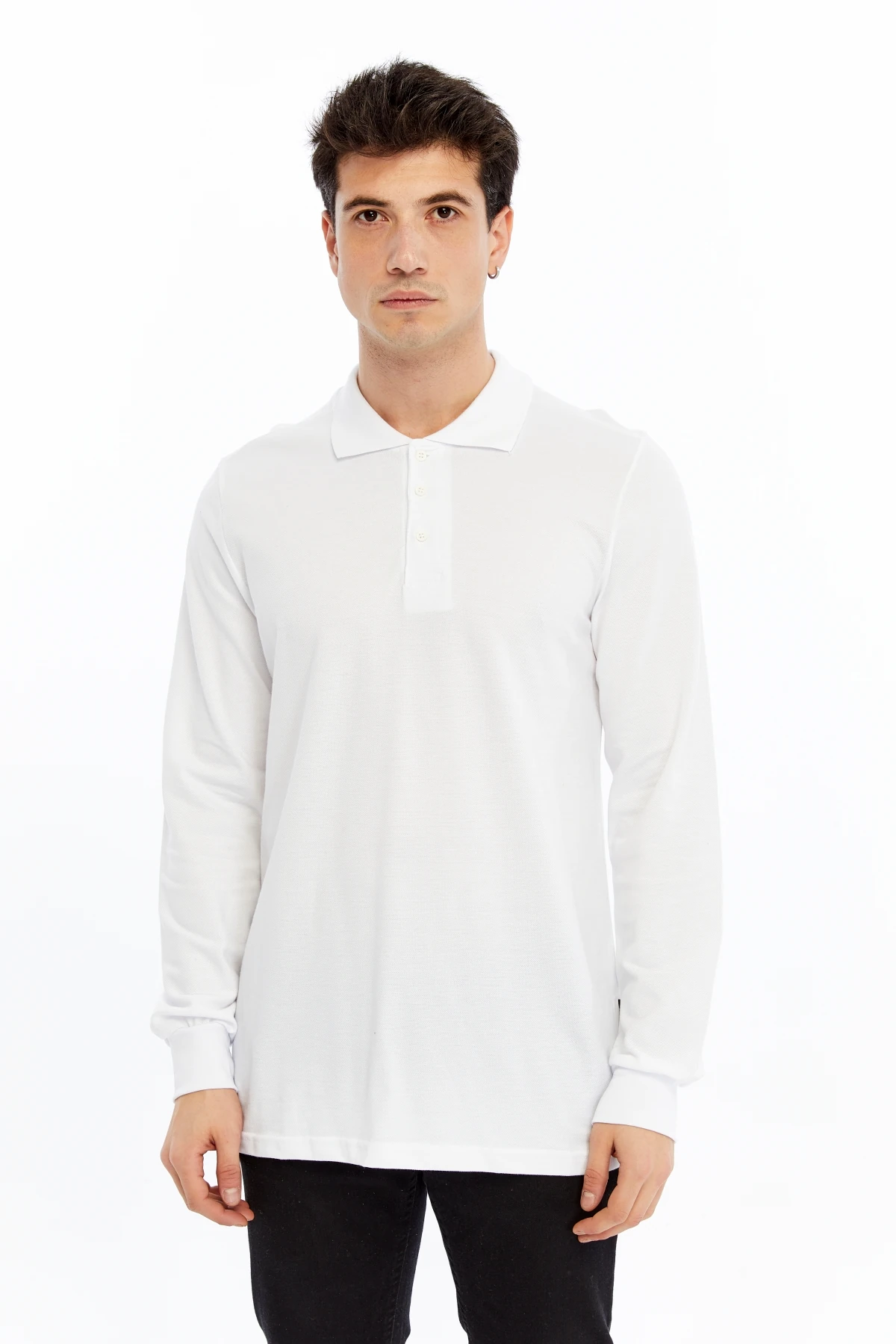 Uniprom Erkek Uzun Kollu Polo Yaka Pamuk Tişört Uzun Kollu T Shirt Beyaz