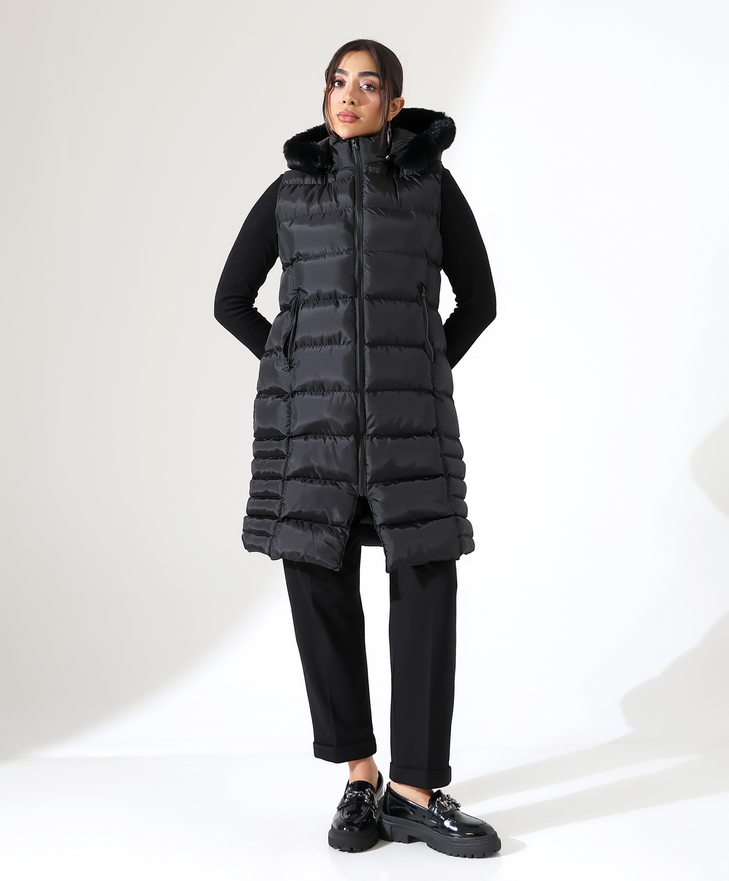 Kürk Detay Kapitone Şişme Yelek - SİYAH