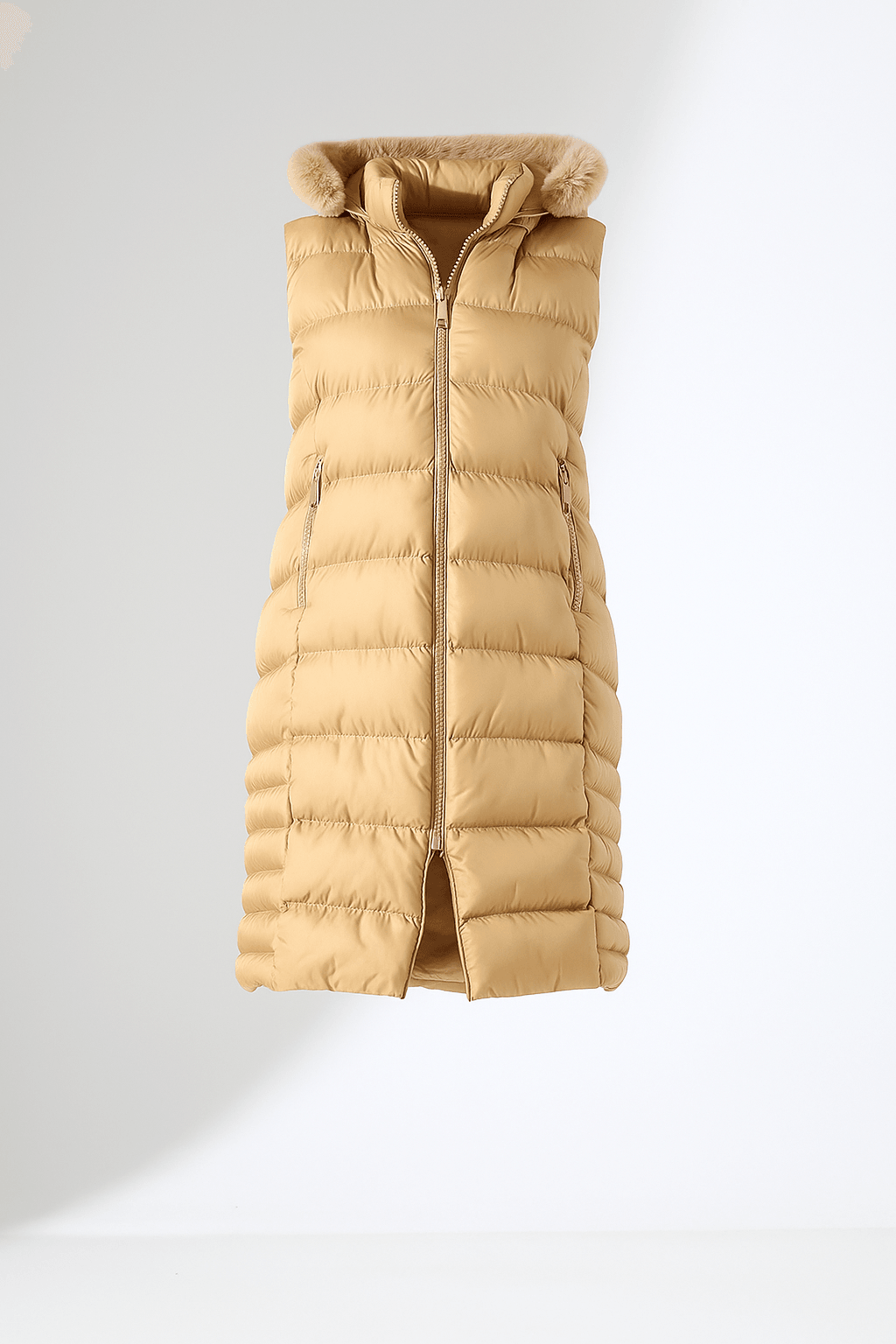 Kürk Detay Kapüşonlu Büyük Beden Şişme Yelek - VİZON