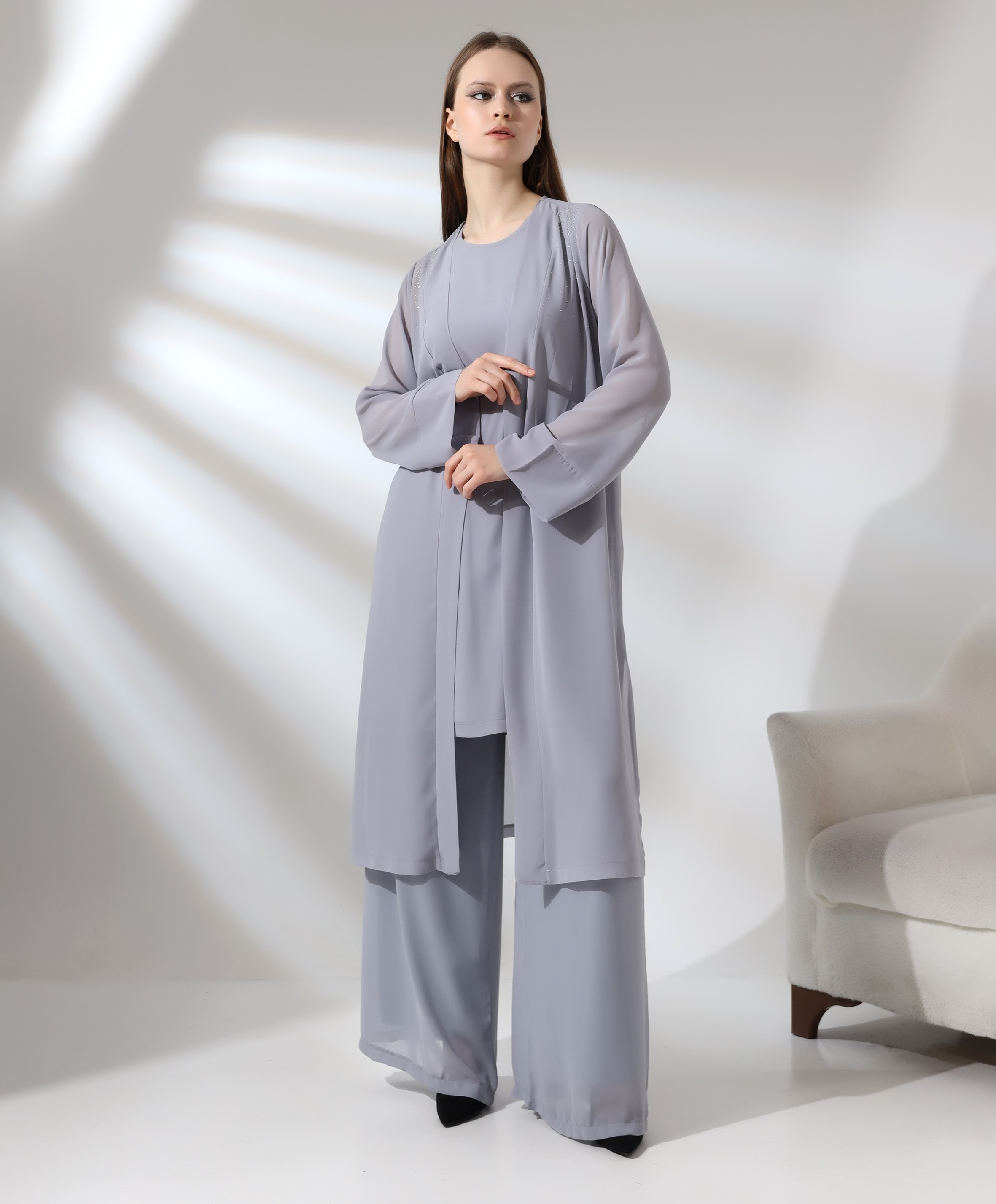 Taş İşleme Şifon Uzun Hırka