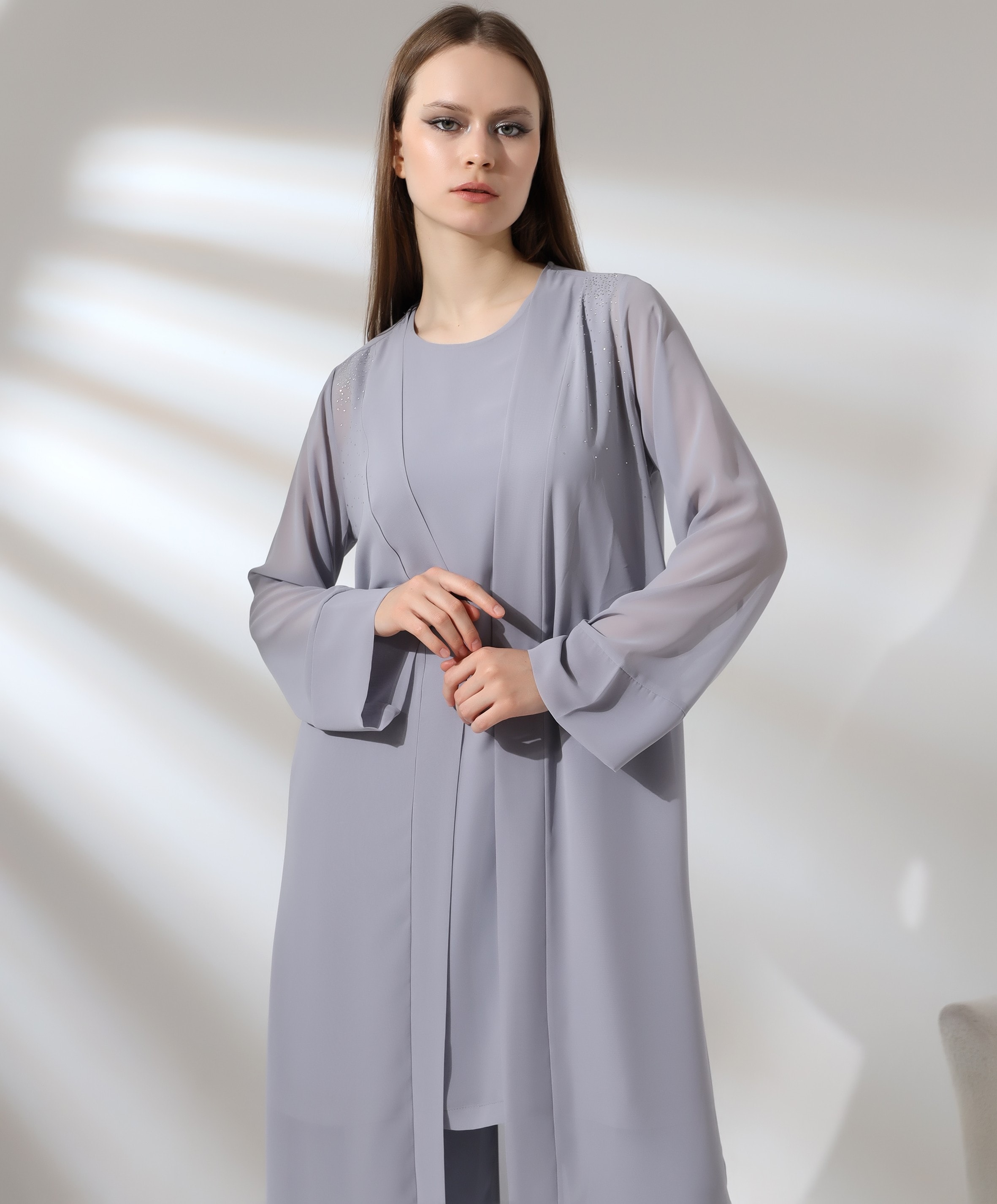 Taş İşleme Şifon Uzun Hırka