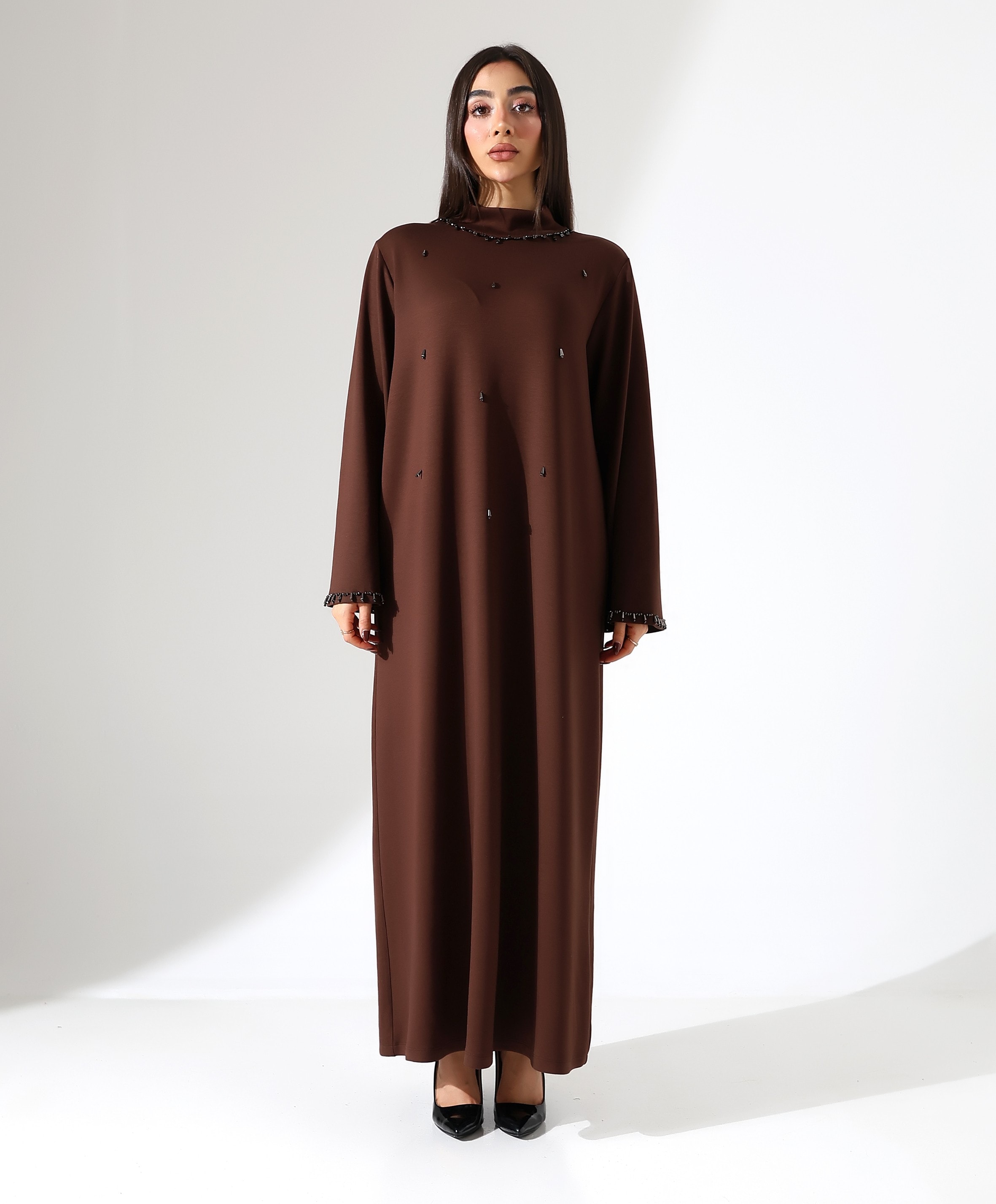 Taş Detay Davet Büyük Beden Elbise - KAHVE