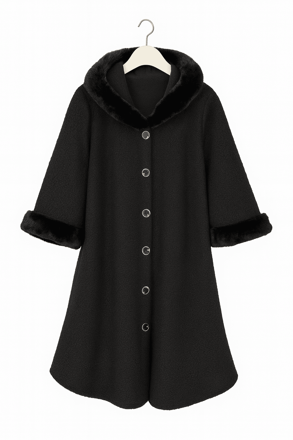 Kürk Detay Kapüşonlu Büyük Beden Panço - SİYAH