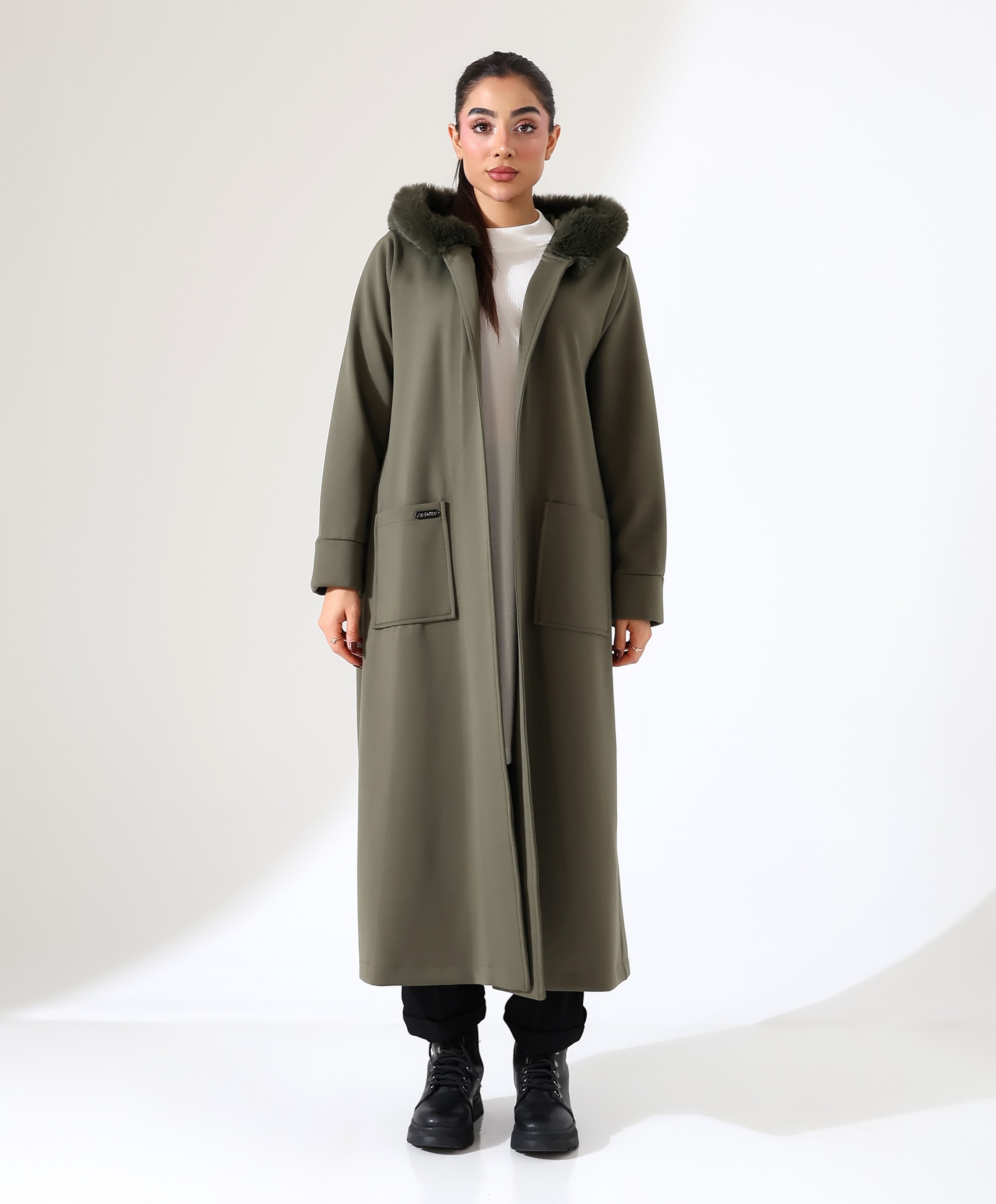 Kapüşonu Kürklü Bağlamalı Uzun Hırka - HAKİ