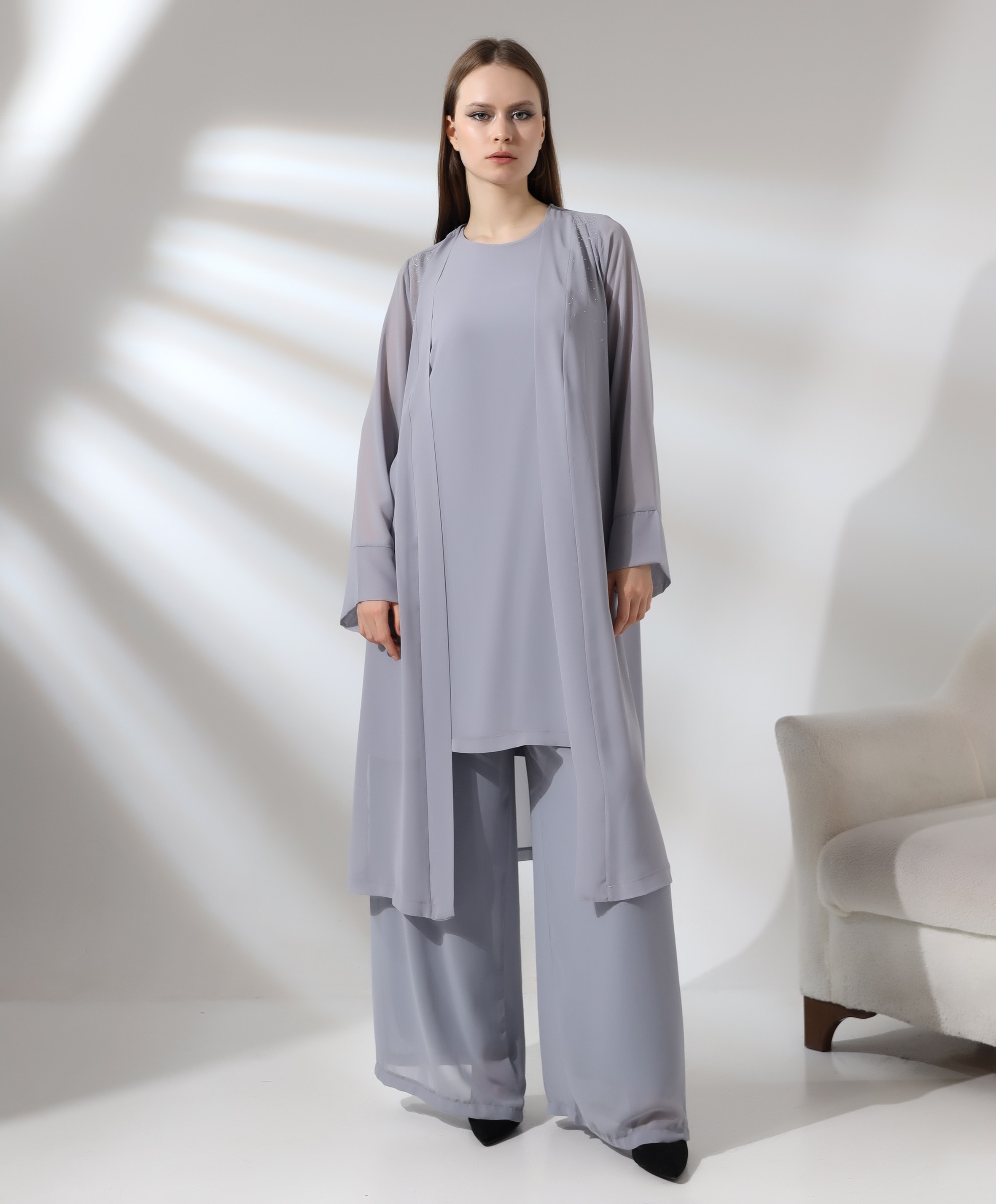 Taş İşleme Şifon Uzun Hırka