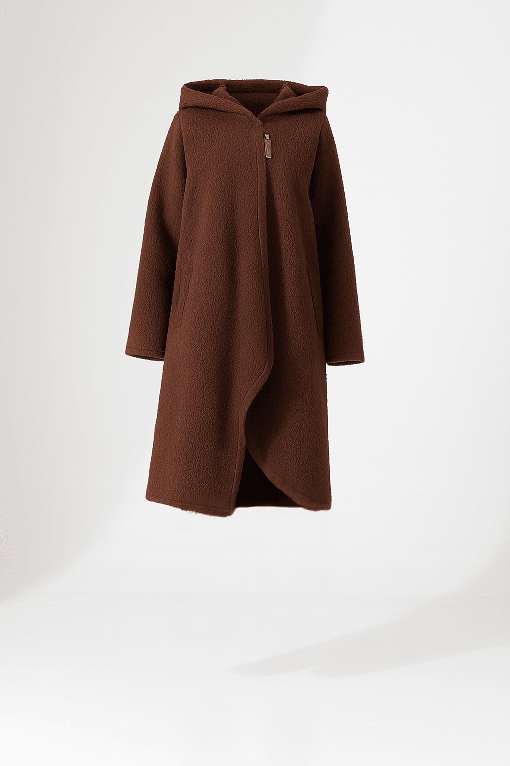 Asimetrik Fermuarlı Kapüşonlu Uzun Kaban - KAHVE