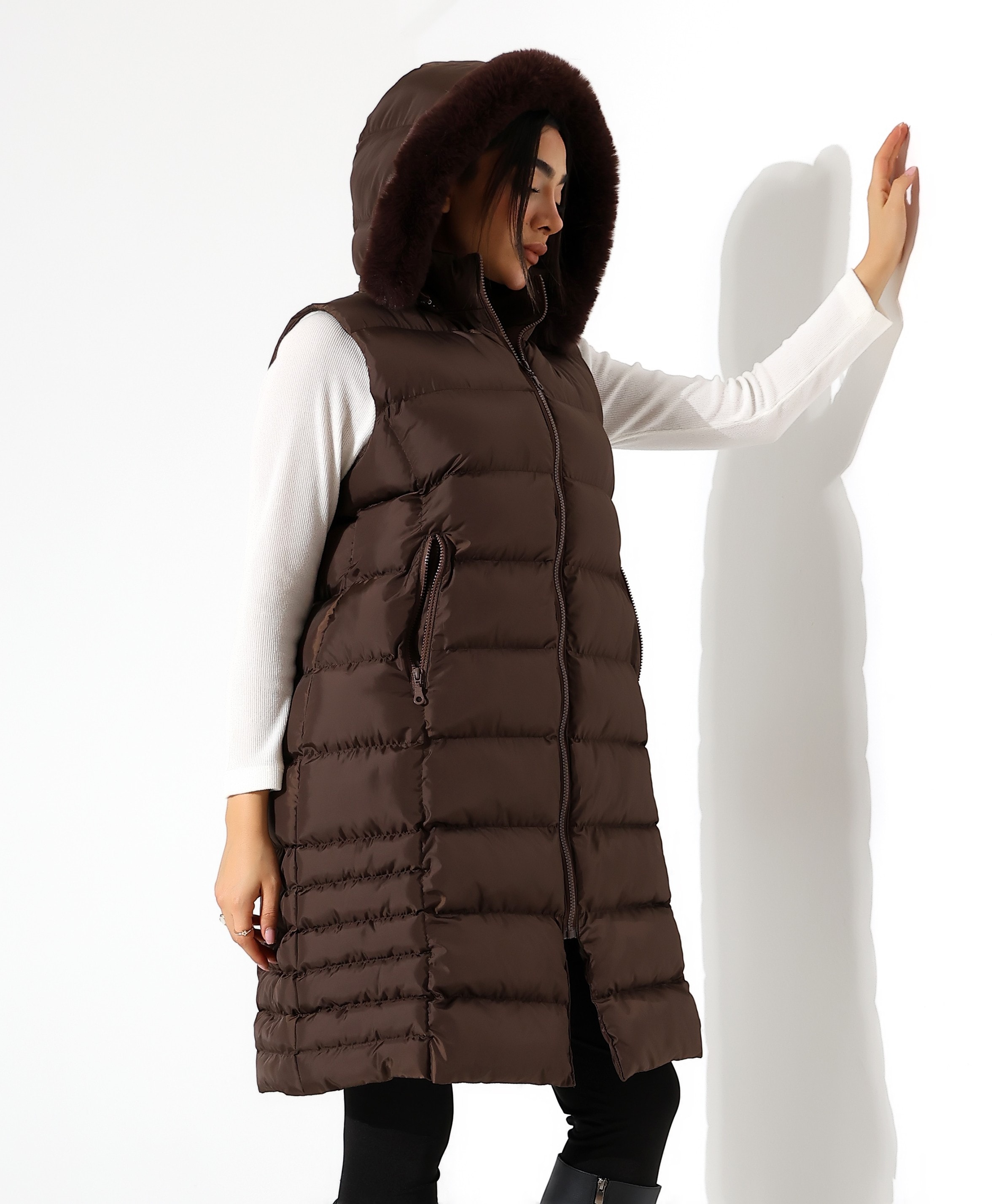 Kürk Detay Kapüşonlu Büyük Beden Şişme Yelek