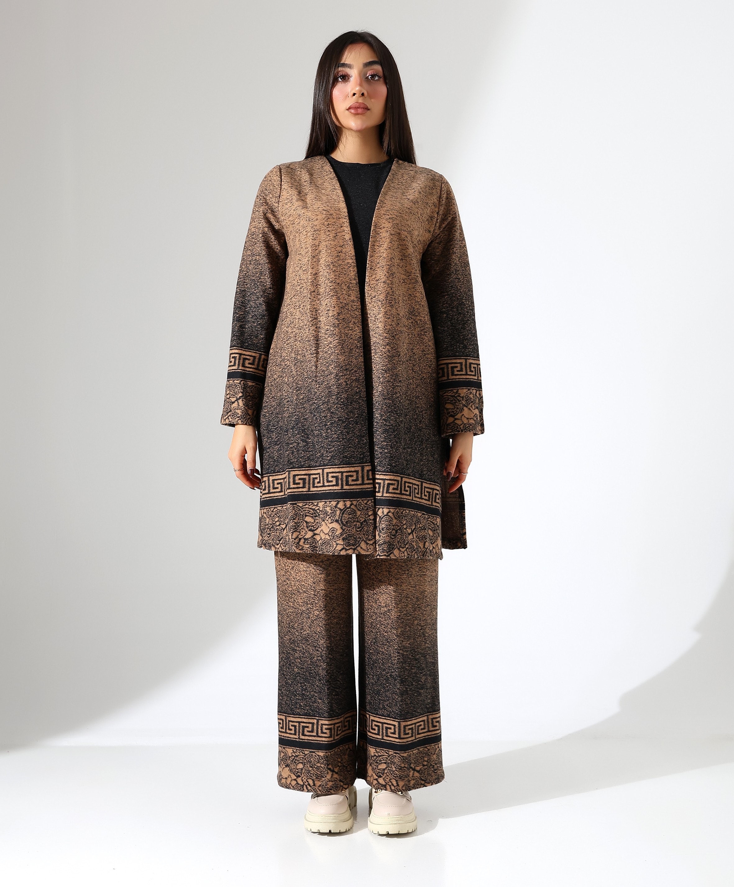 Kimono Büyük Beden Üç Parça Takım - CAMEL