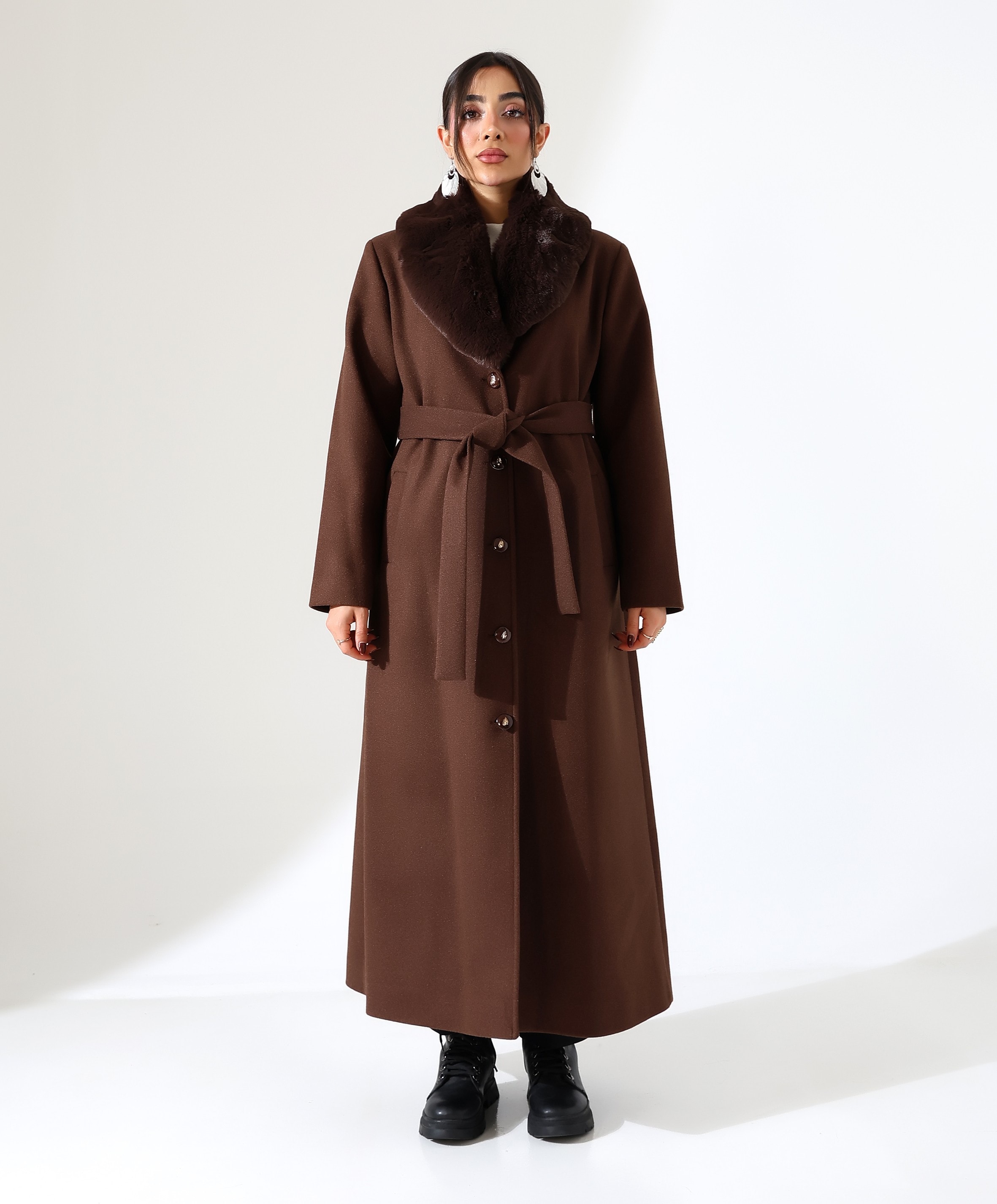 Kürk Detay Uzun Kaşe Kaban - KAHVE