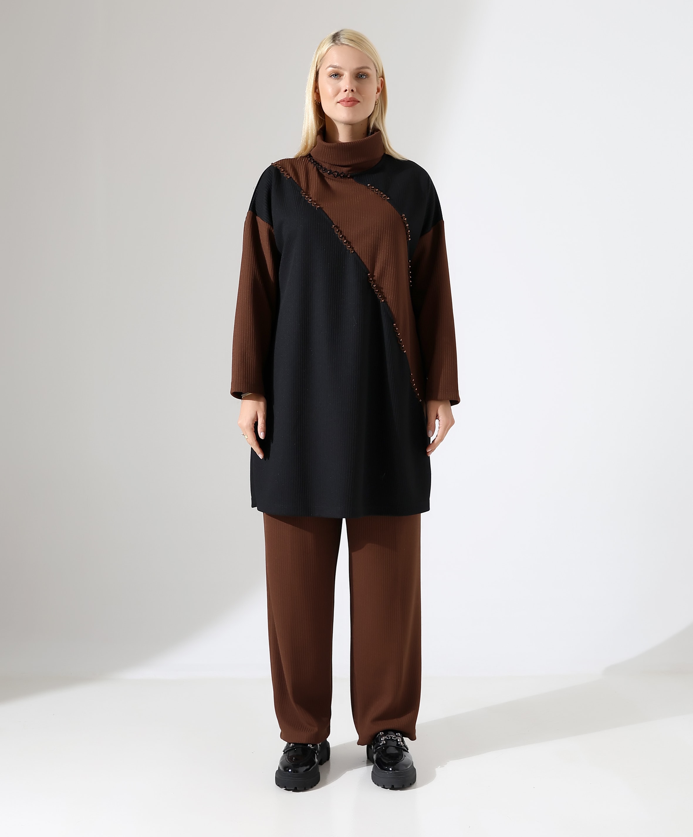 Selanik Boğazlı İki Parça Tunik Takım - SİYAH - KAHVE