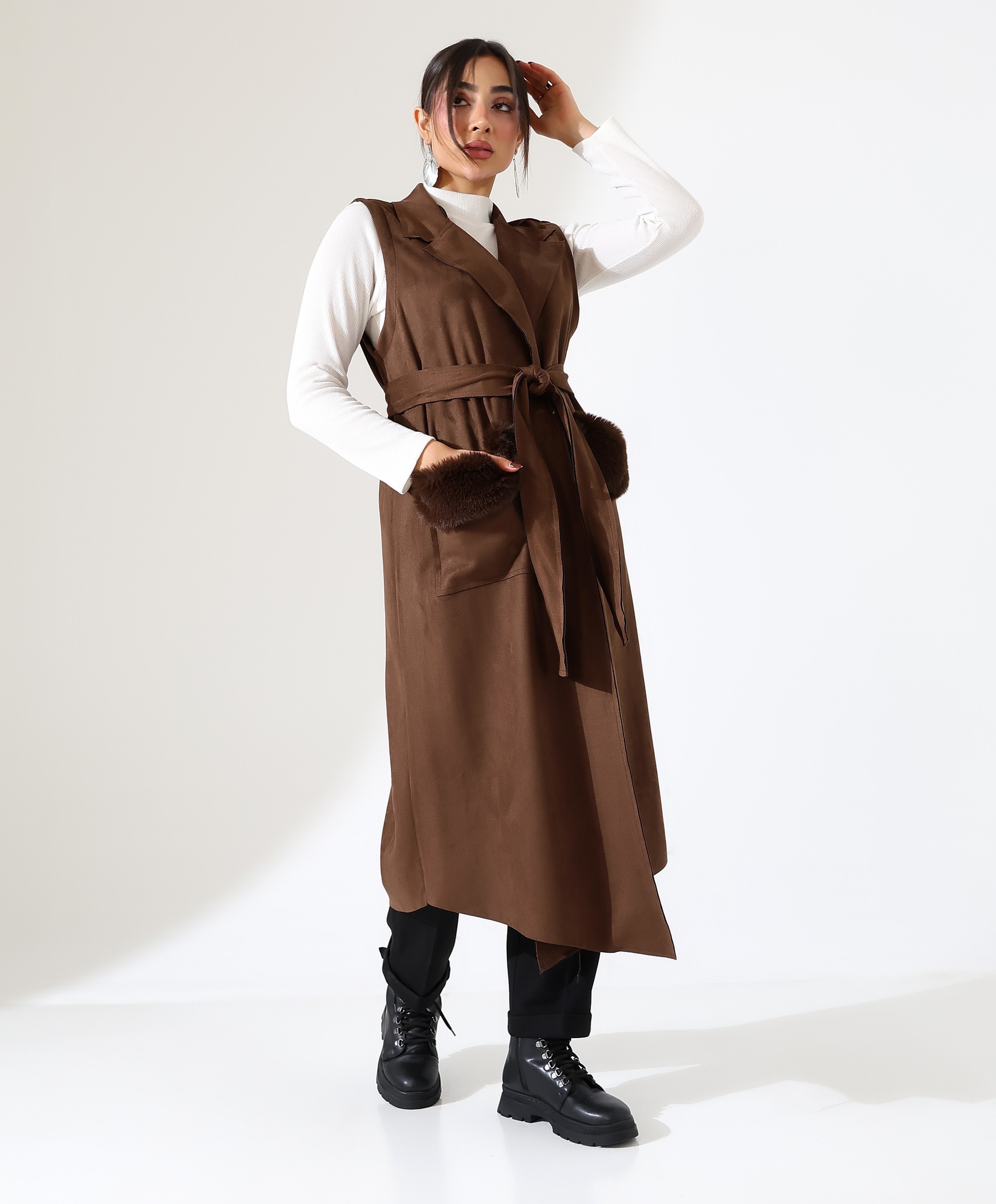 Kürk Detay Çift Cep Uzun Yelek