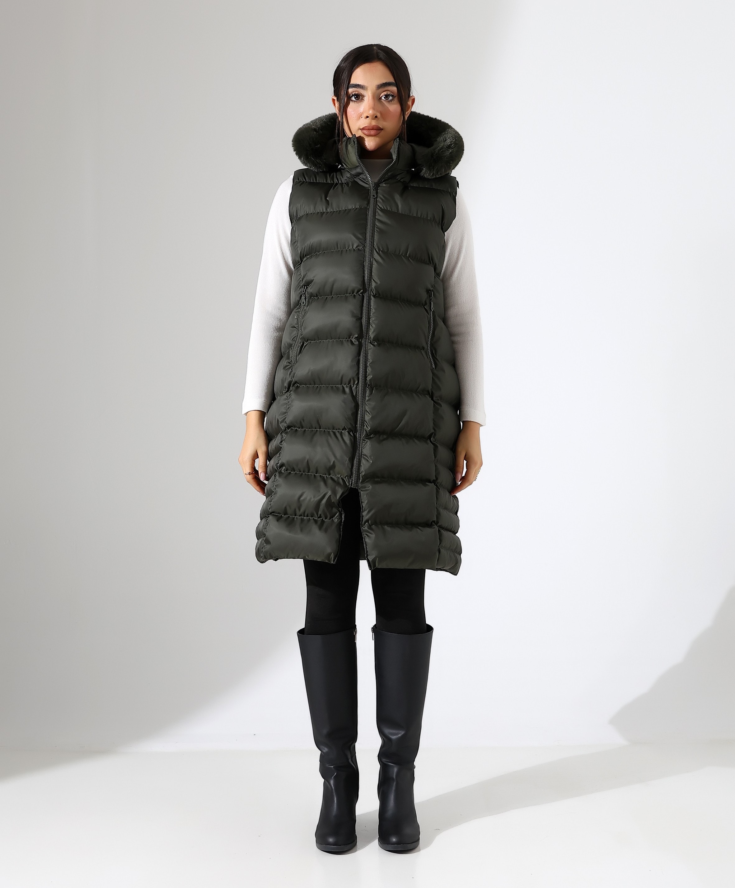 Kürk Detay Kapüşonlu Büyük Beden Şişme Yelek - HAKİ