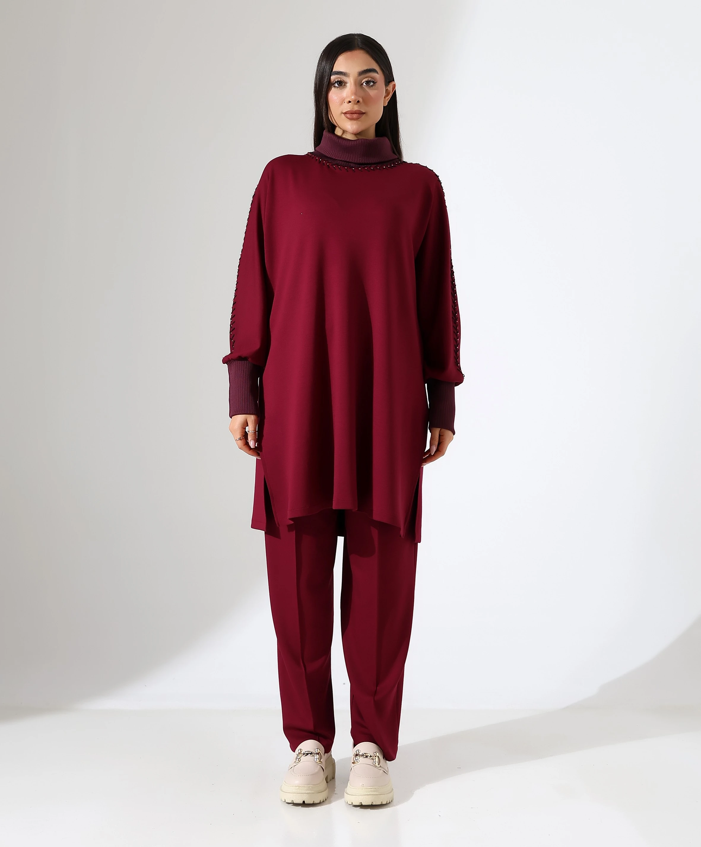 Yumuşak Dokulu Triko Detay İki Parça Takım - BORDO