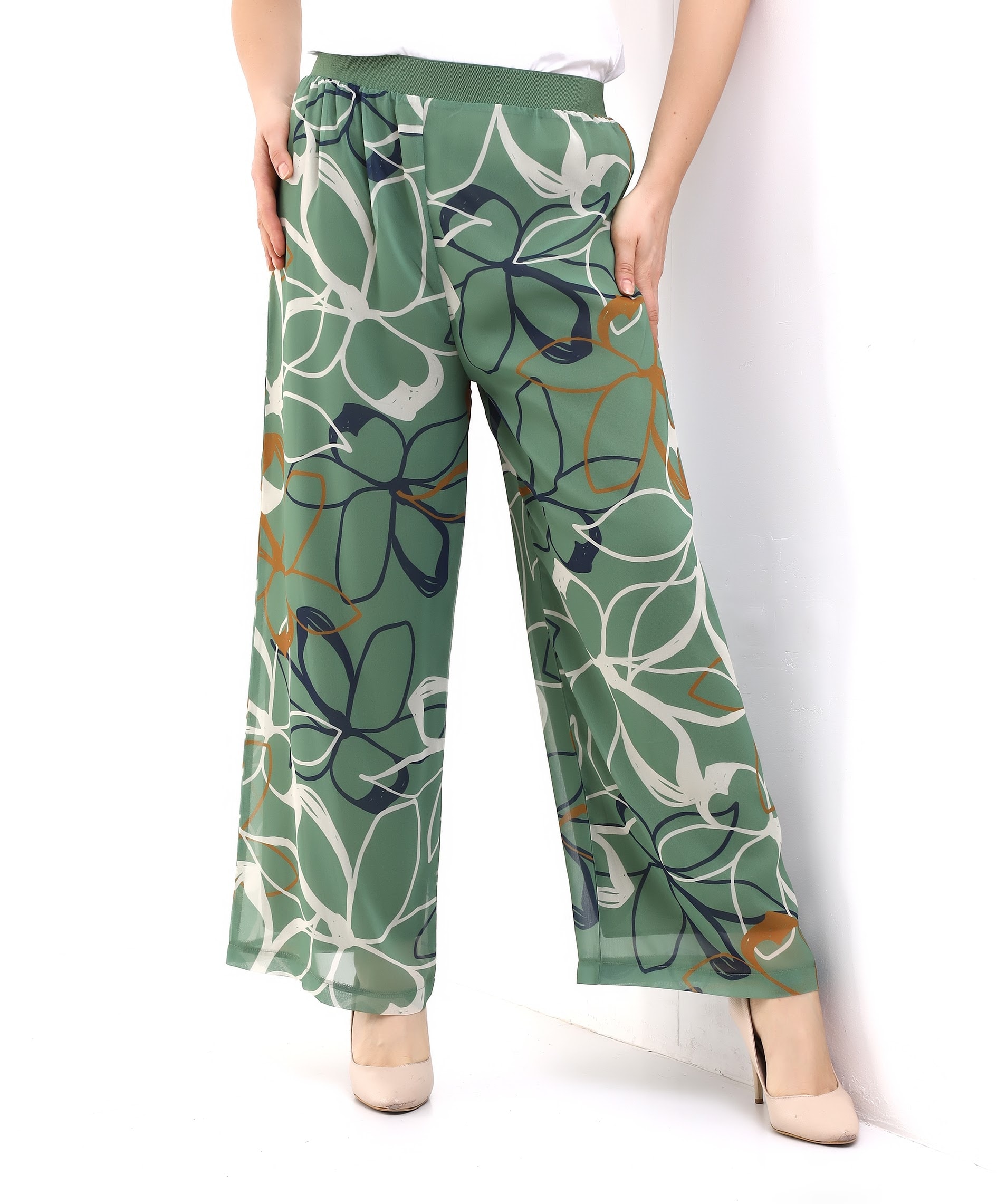 Papatya Desen Beli Lastikli Şifon Pantolon