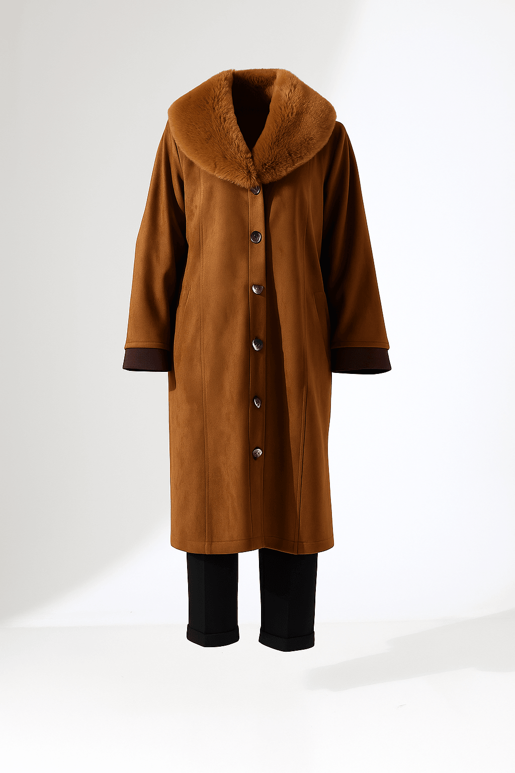 Şal Yaka Kürk Detay Uzun Kaban - KAHVE