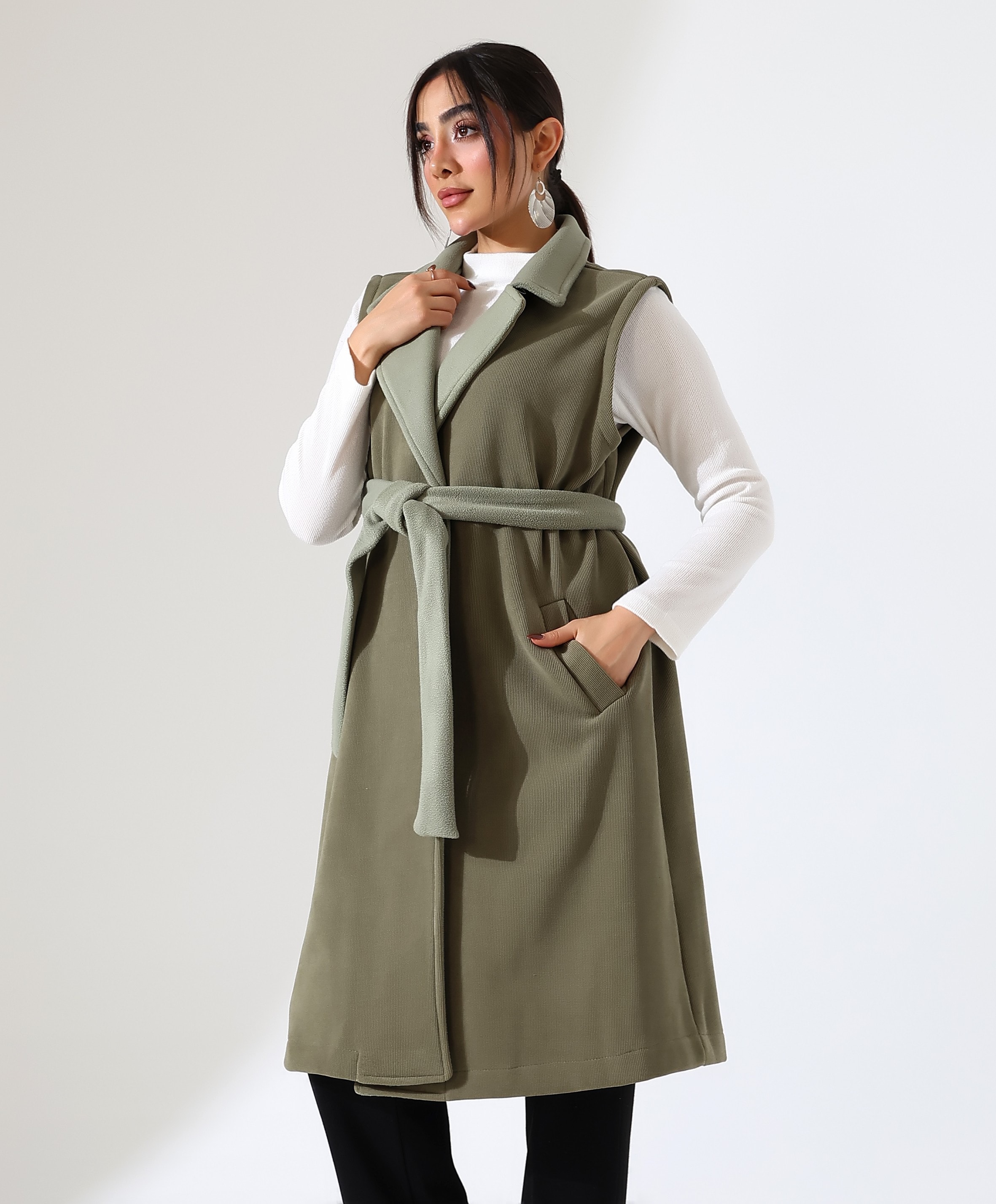 Çift Cep Bağlamalı Uzun Yelek