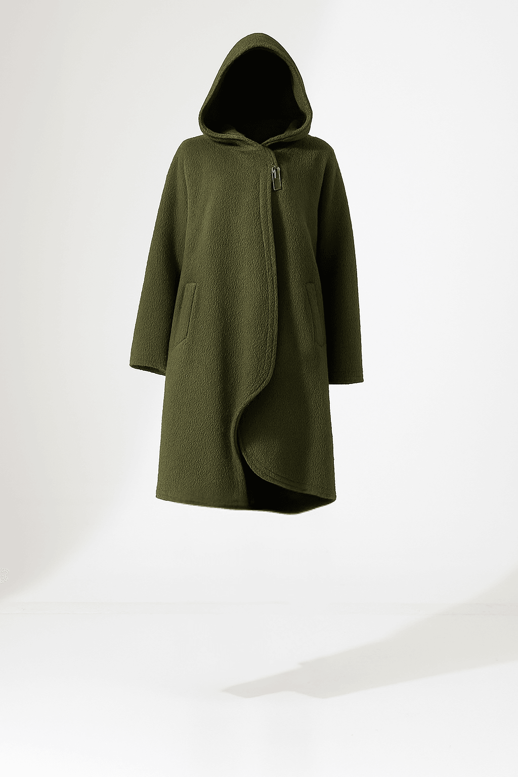 Asimetrik Fermuarlı Kapüşonlu Uzun Kaban - HAKİ