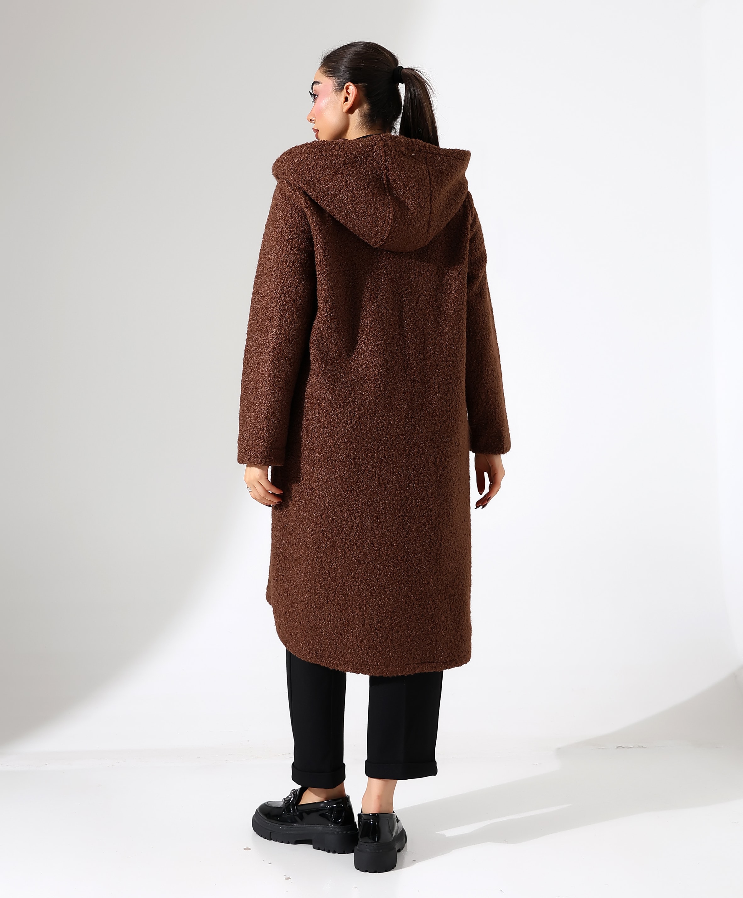 Asimetrik Fermuarlı Kapüşonlu Uzun Kaban