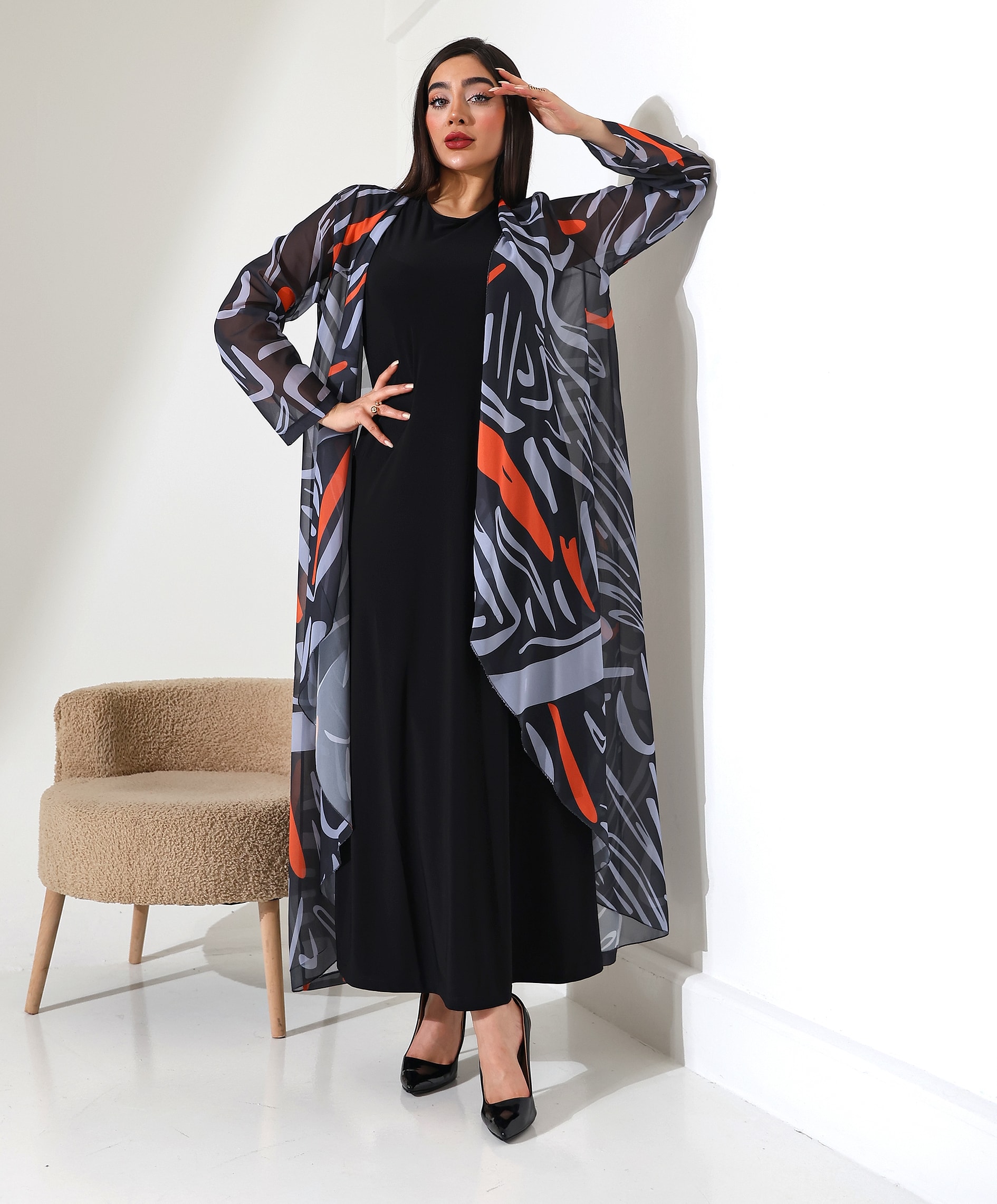 Şal Yaka Desenli Şifon Hırka