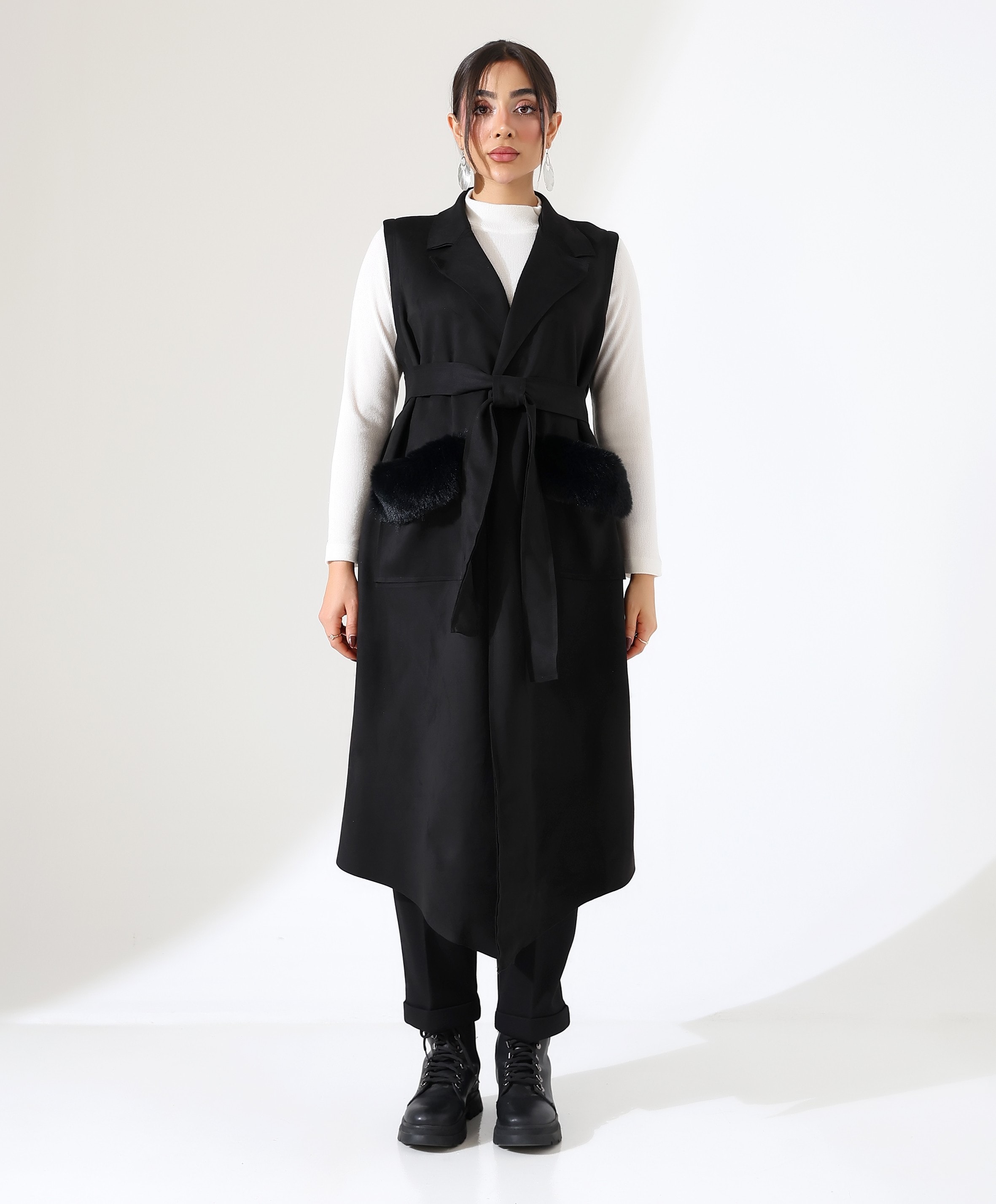 Kürk Detay Çift Cep Uzun Yelek - SİYAH