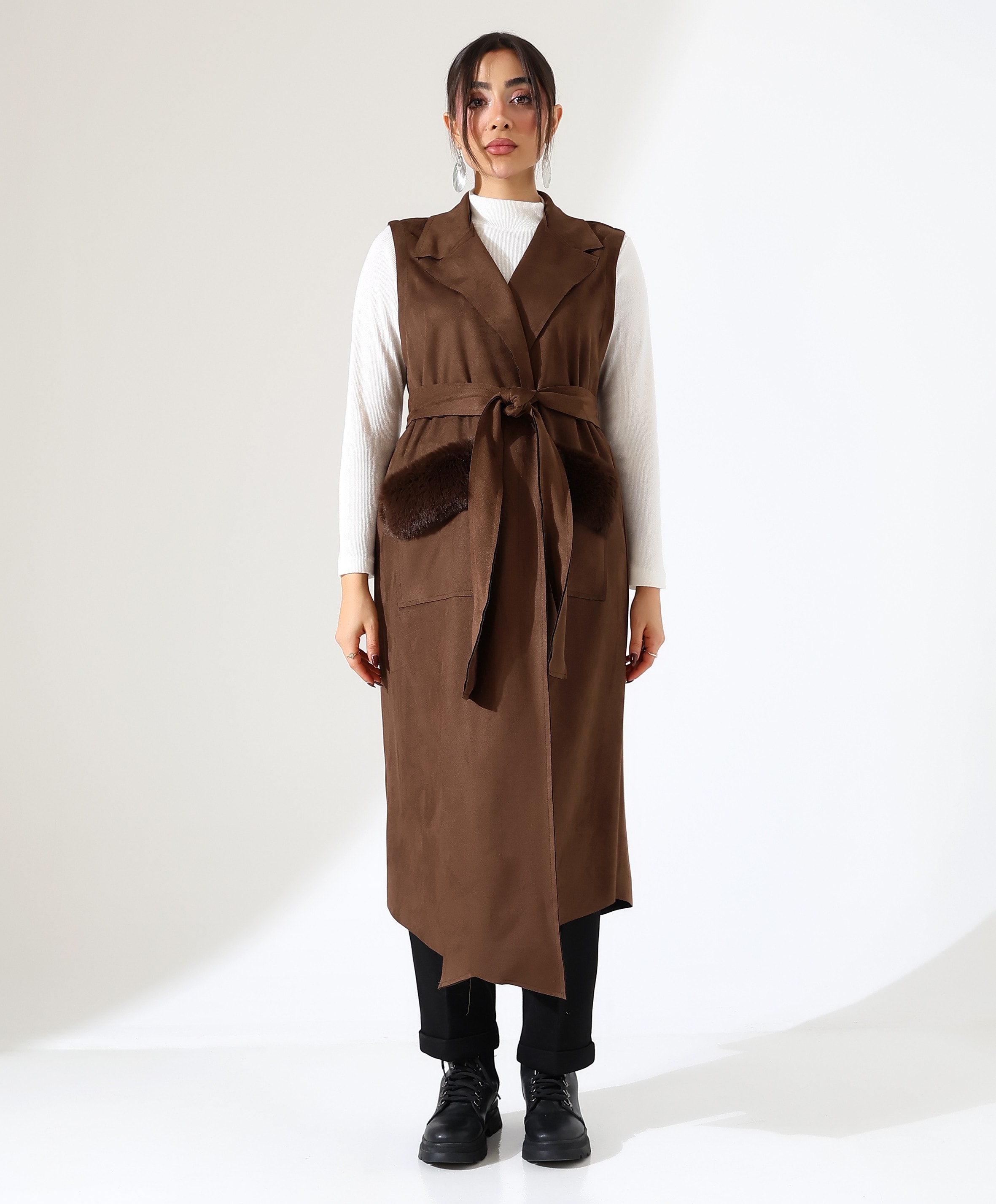 Kürk Detay Çift Cep Uzun Yelek