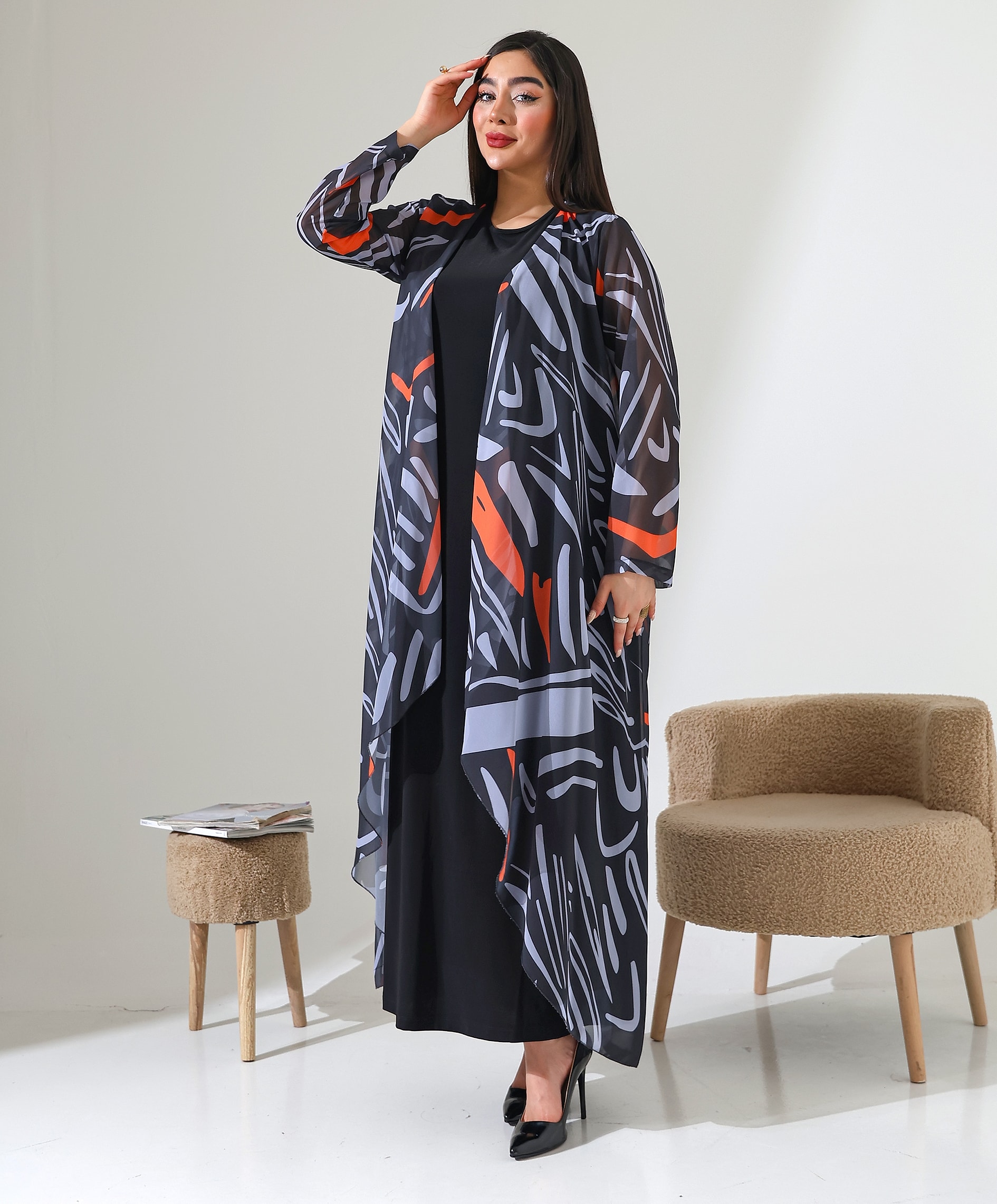 Şal Yaka Desenli Şifon Hırka