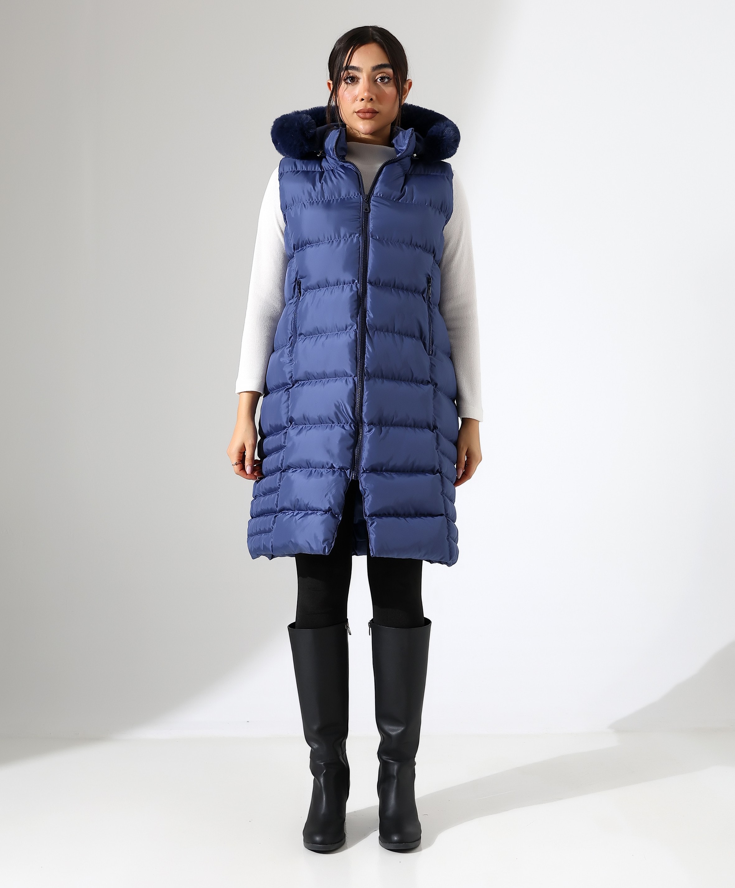 Kürk Detay Kapüşonlu Büyük Beden Şişme Yelek - LACİVERT