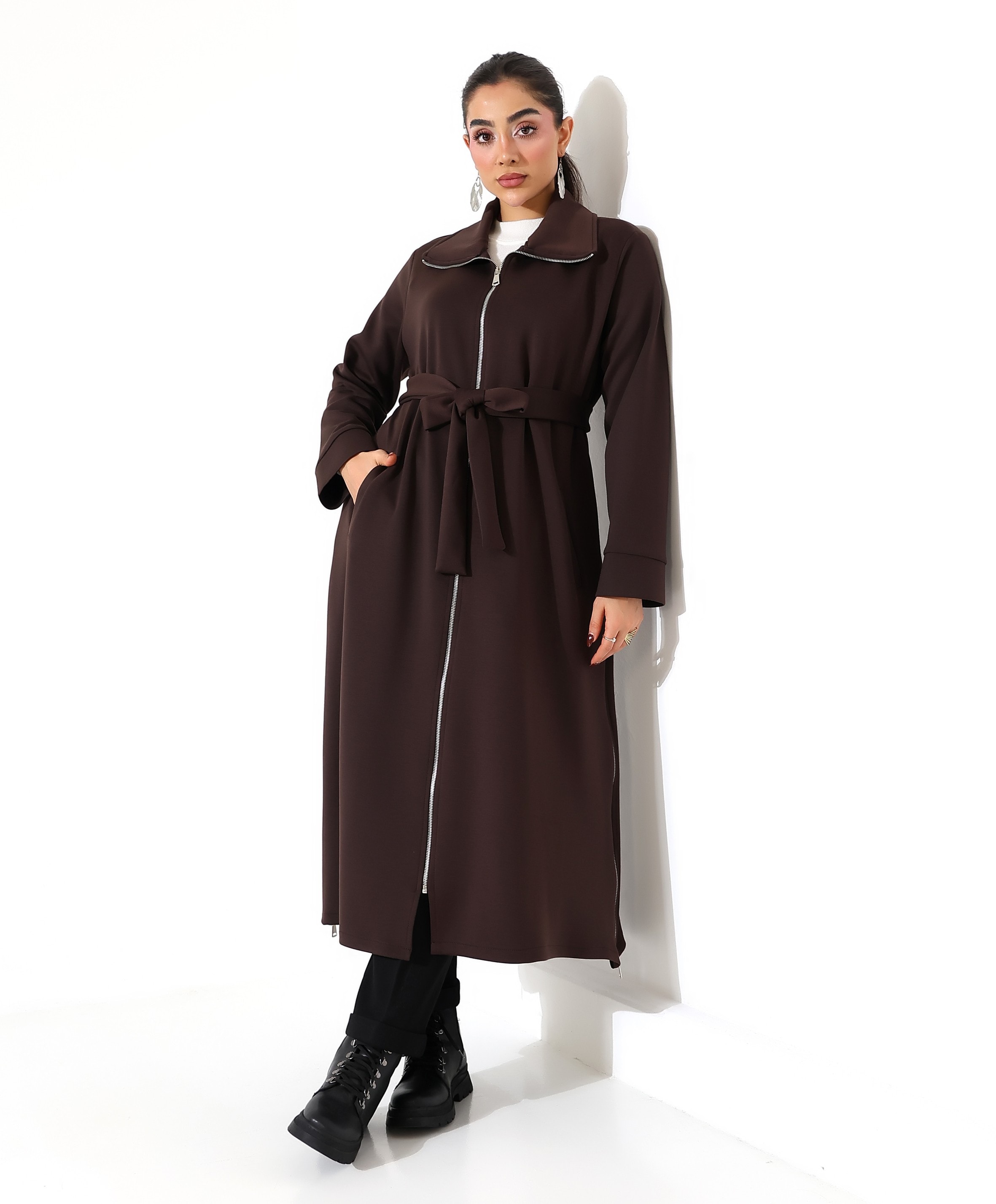 Fermuar Kapama Yırtmaç Detay Uzun Hırka