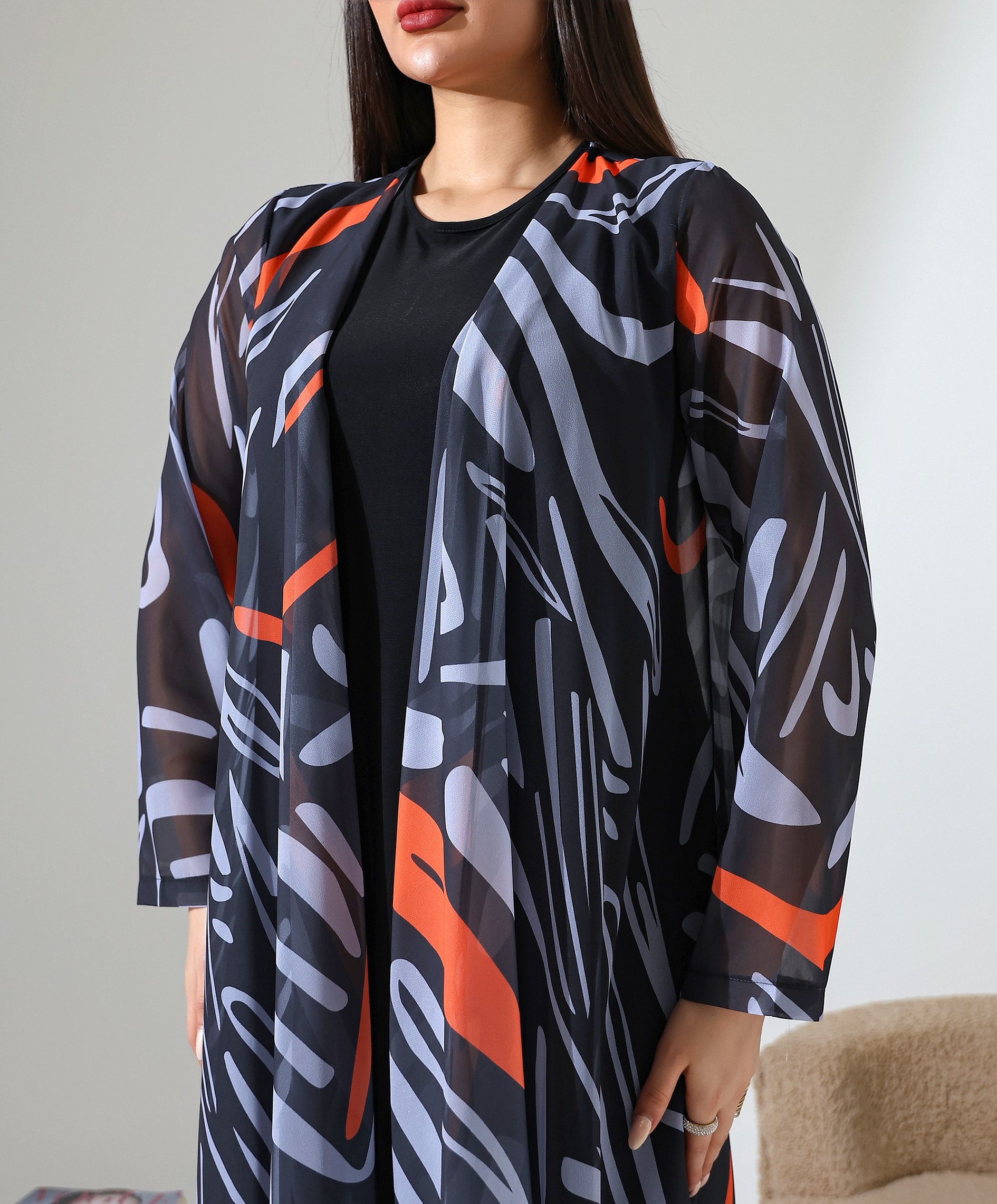 Şal Yaka Desenli Şifon Hırka