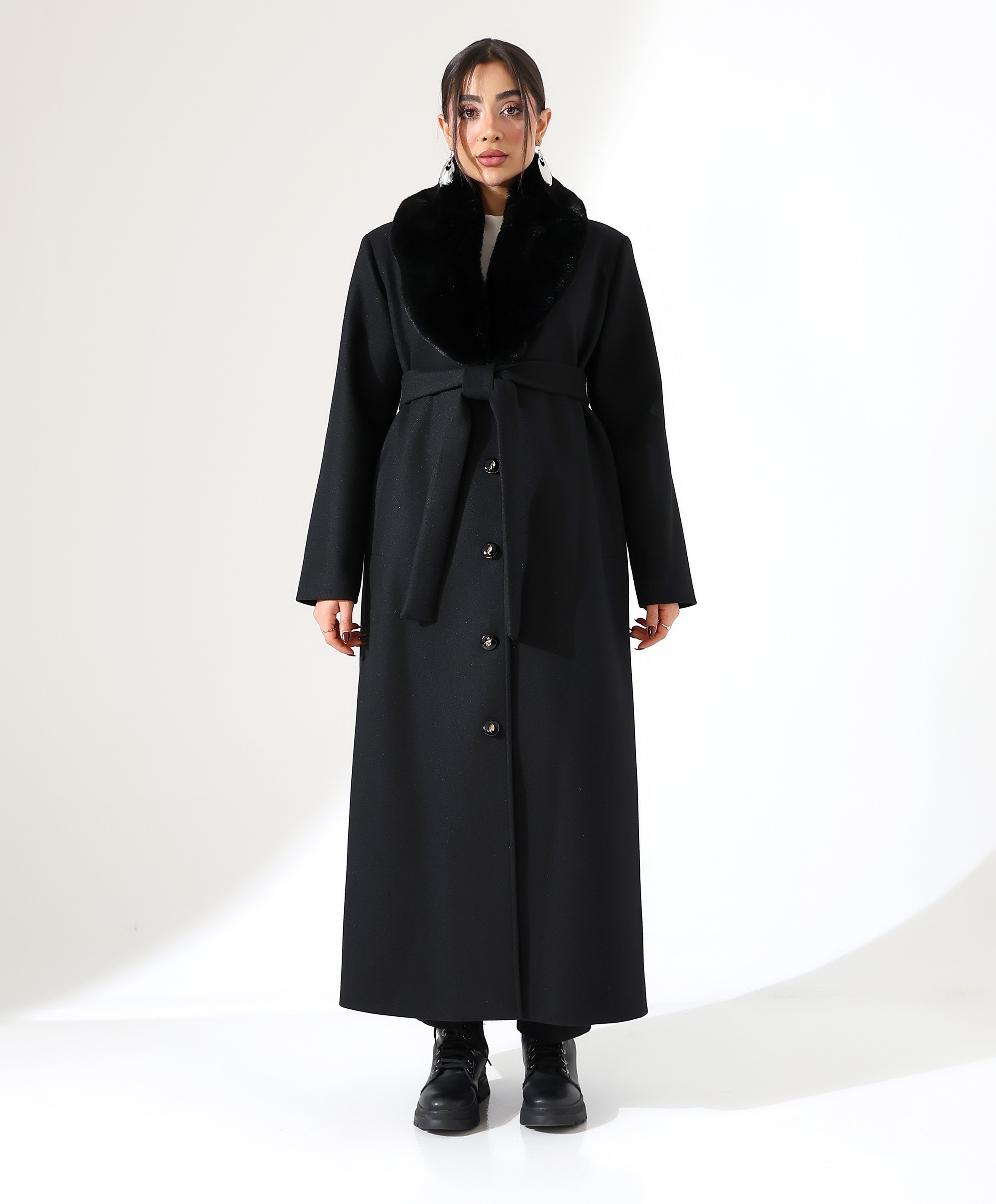 Kürk Detay Uzun Kaşe Kaban - SİYAH