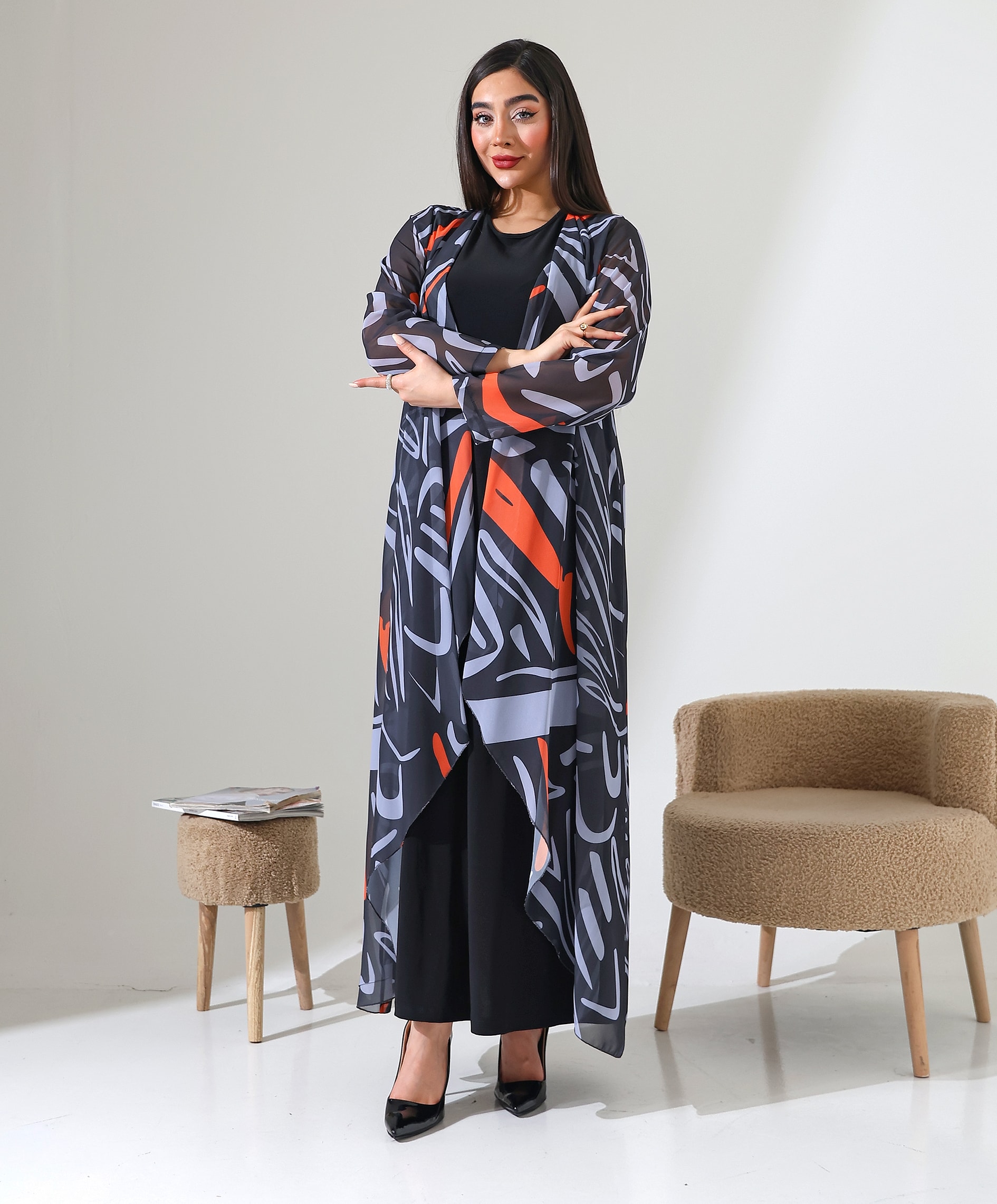 Şal Yaka Desenli Şifon Hırka