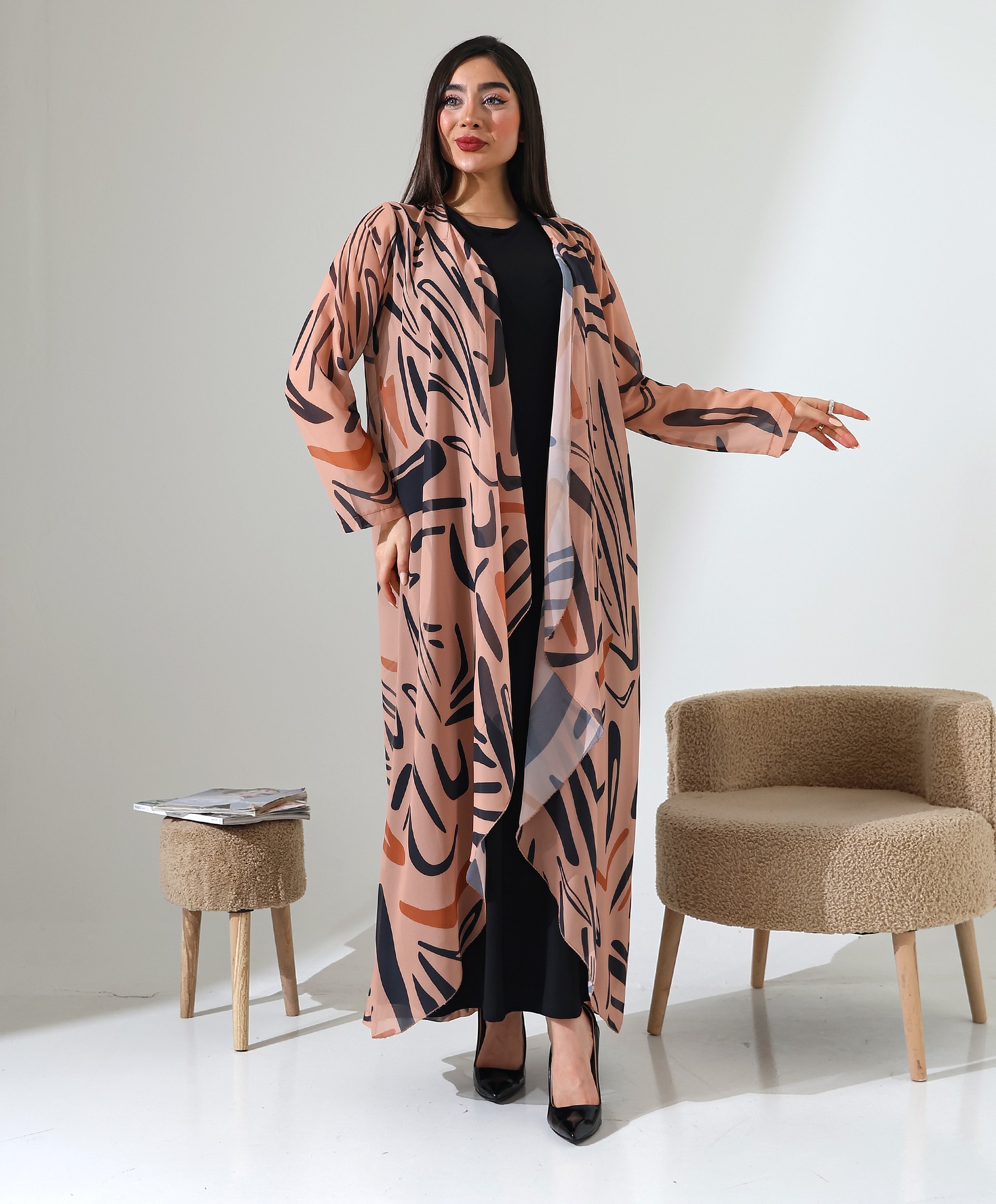 Şal Yaka Desenli Şifon Hırka - VİZON