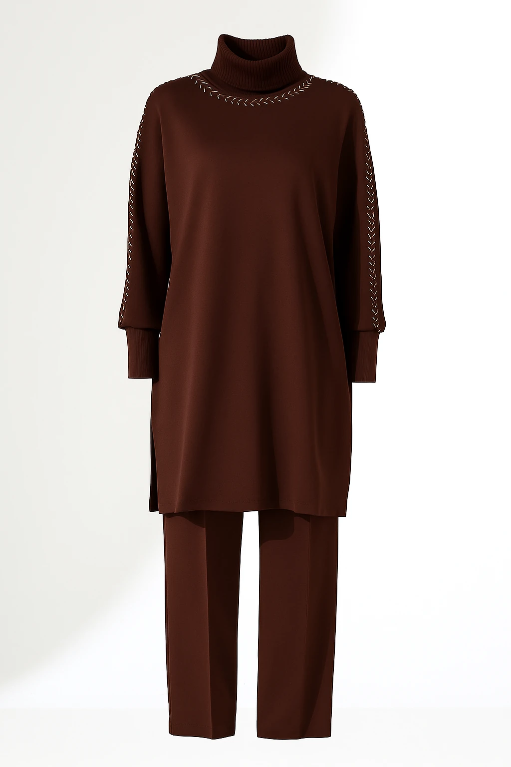 Yumuşak Dokulu Triko Detay İki Parça Takım - KAHVE