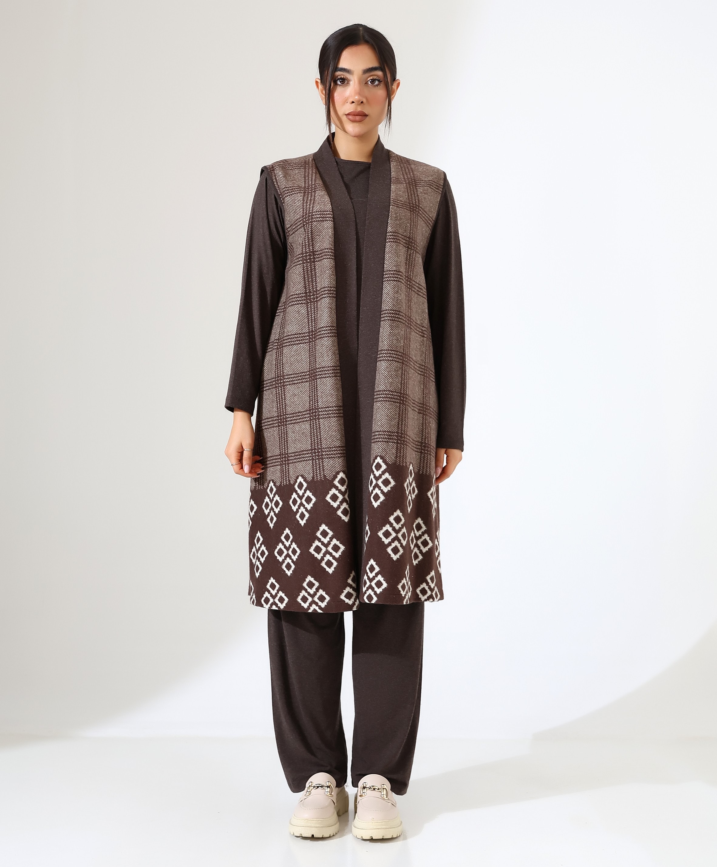 Pamuk Örme Yelek Üç Parça Takım - KAHVE