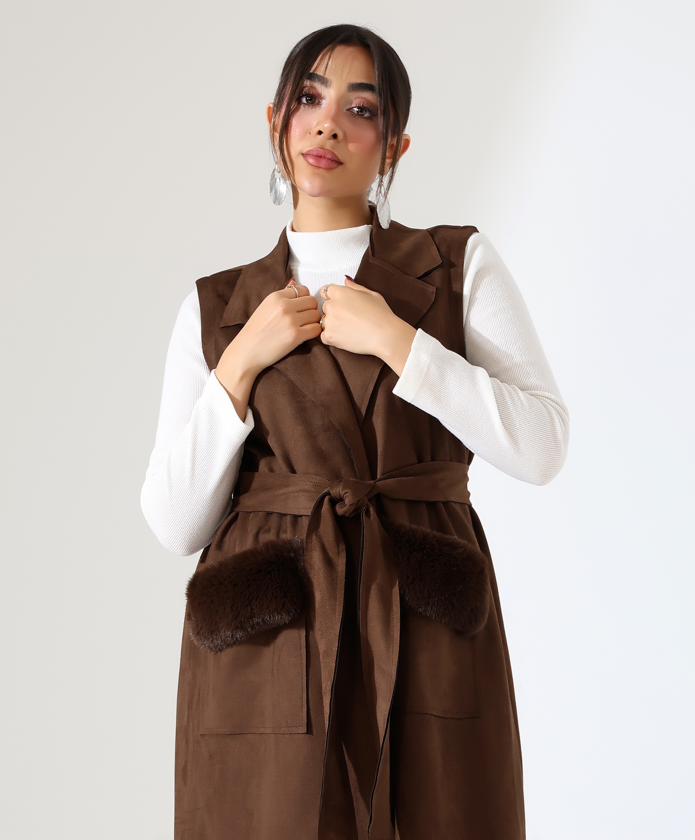 Kürk Detay Çift Cep Uzun Yelek