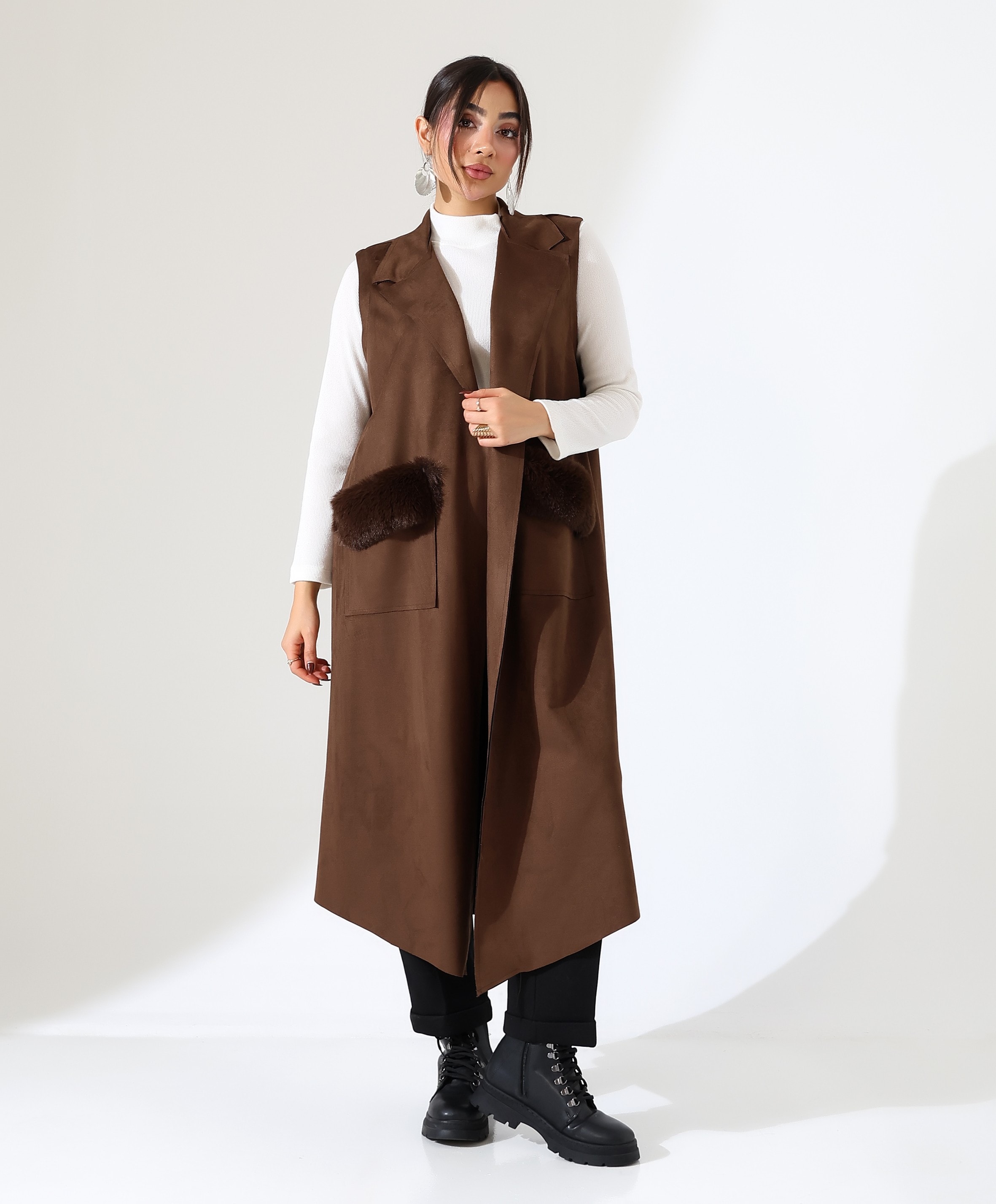 Kürk Detay Çift Cep Uzun Yelek