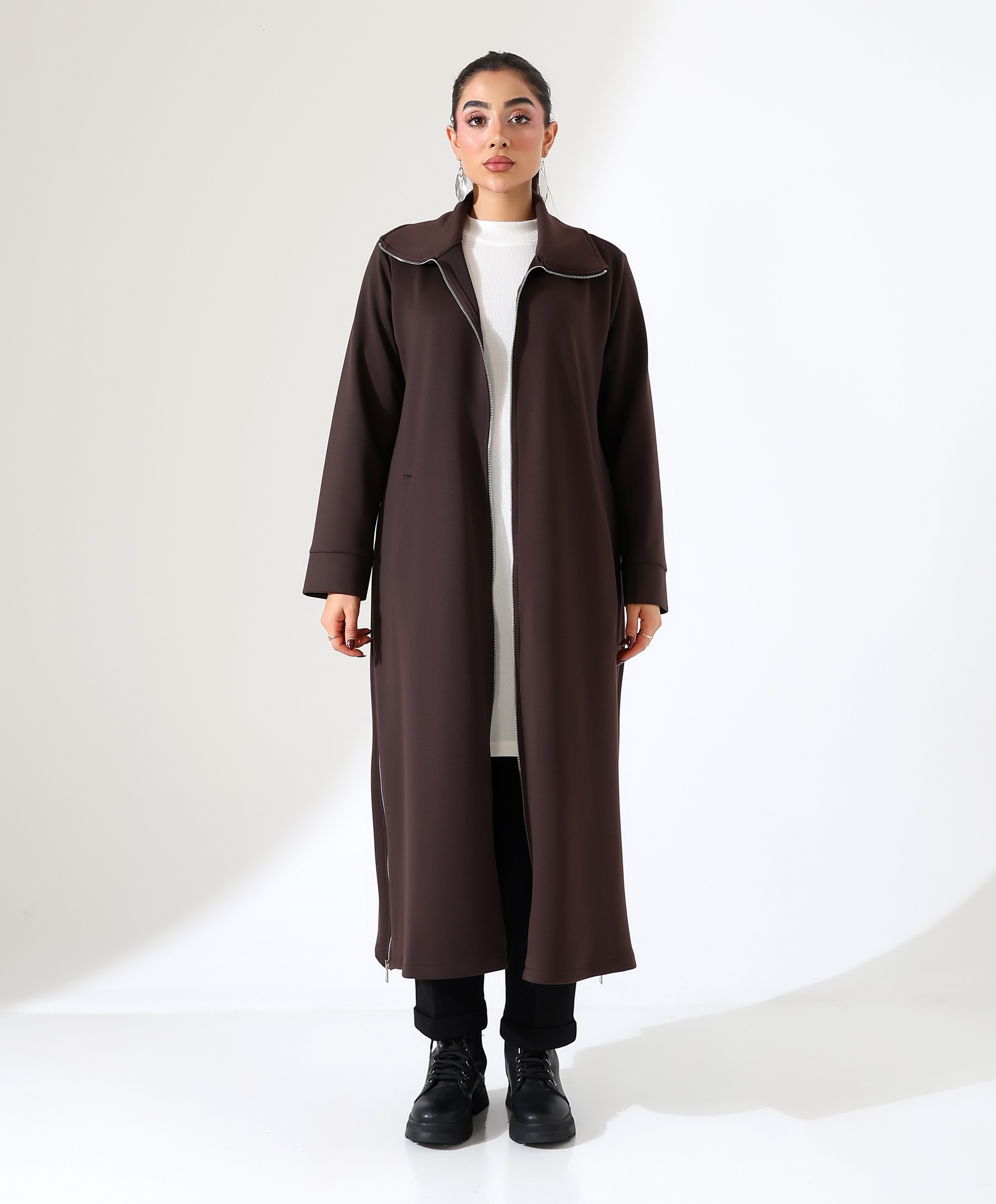 Fermuar Kapama Yırtmaç Detay Uzun Hırka - KAHVE