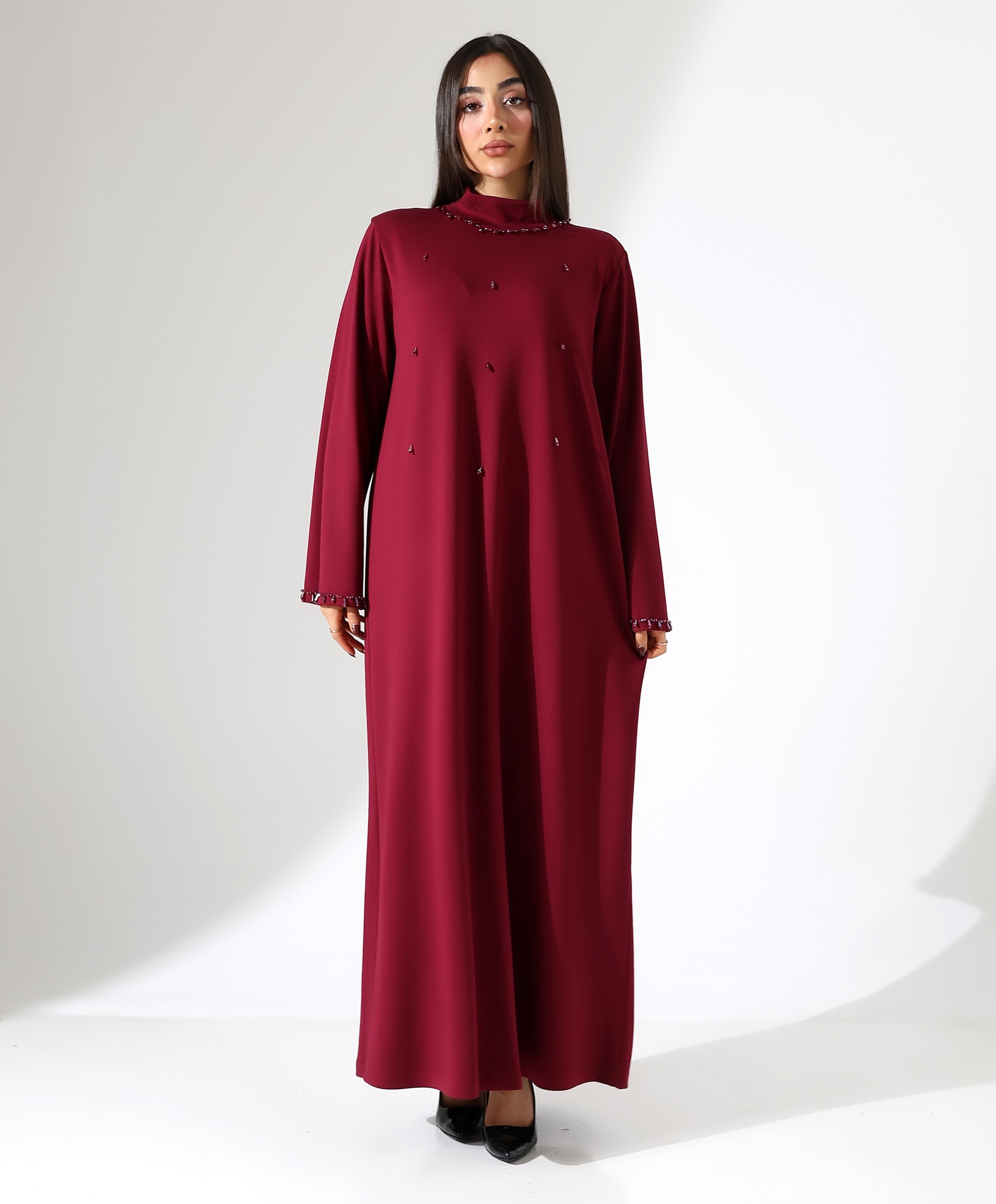 Taş Detay Davet Büyük Beden Elbise - BORDO