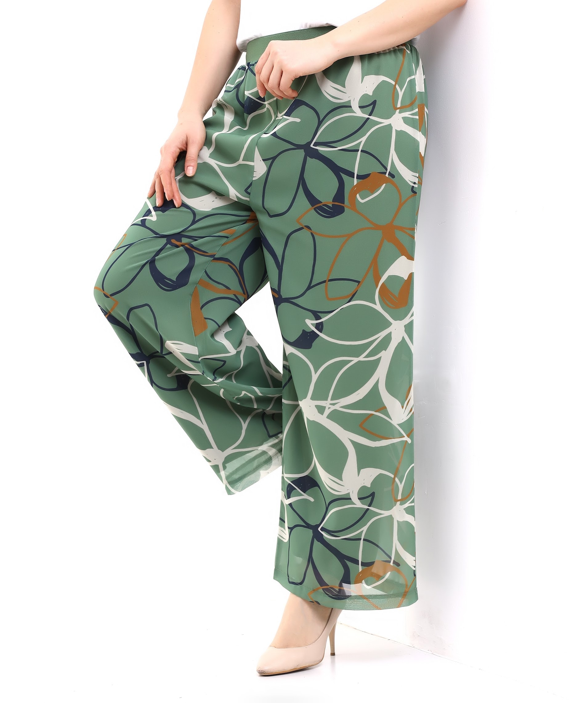 Papatya Desen Beli Lastikli Şifon Pantolon