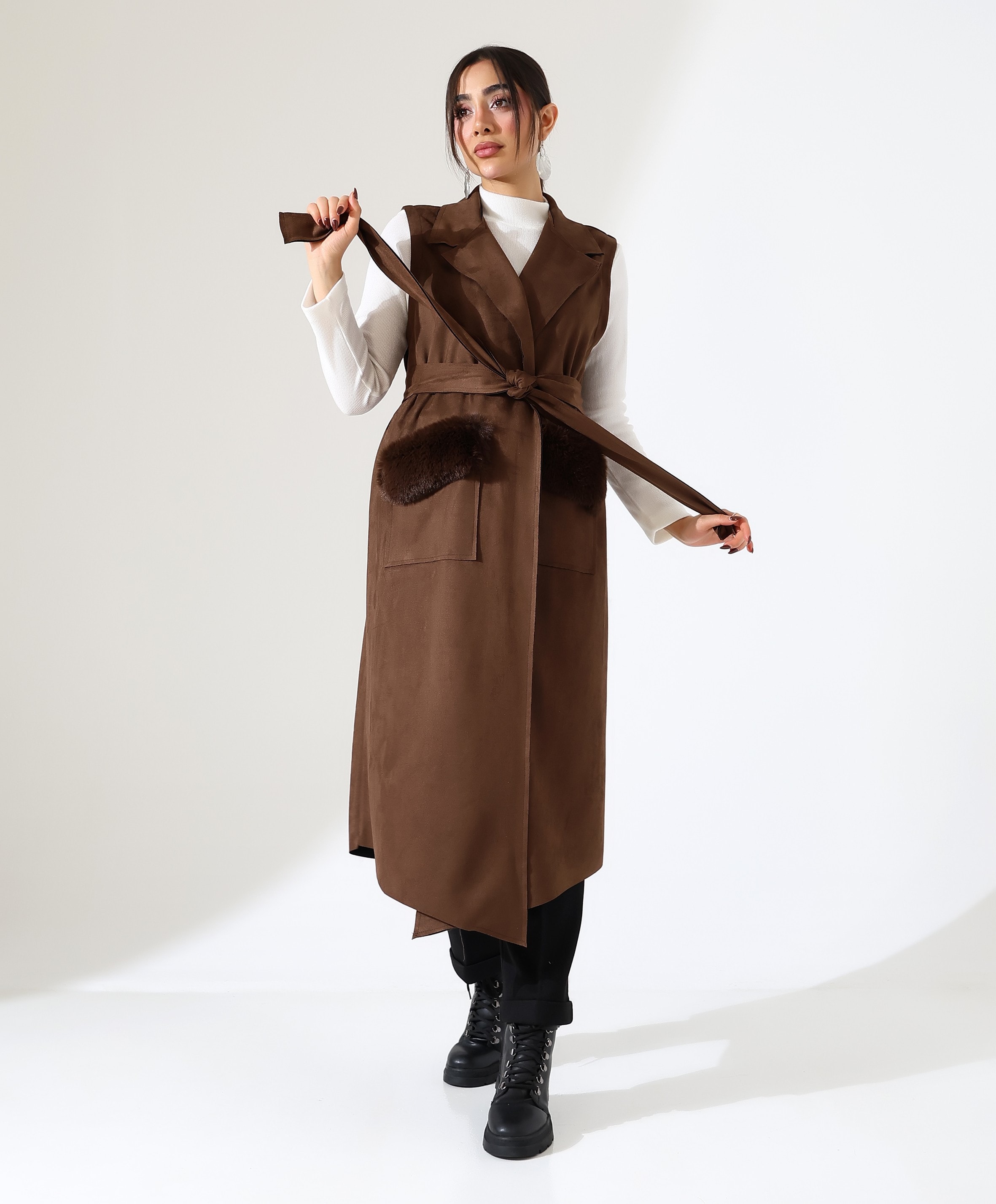 Kürk Detay Çift Cep Uzun Yelek