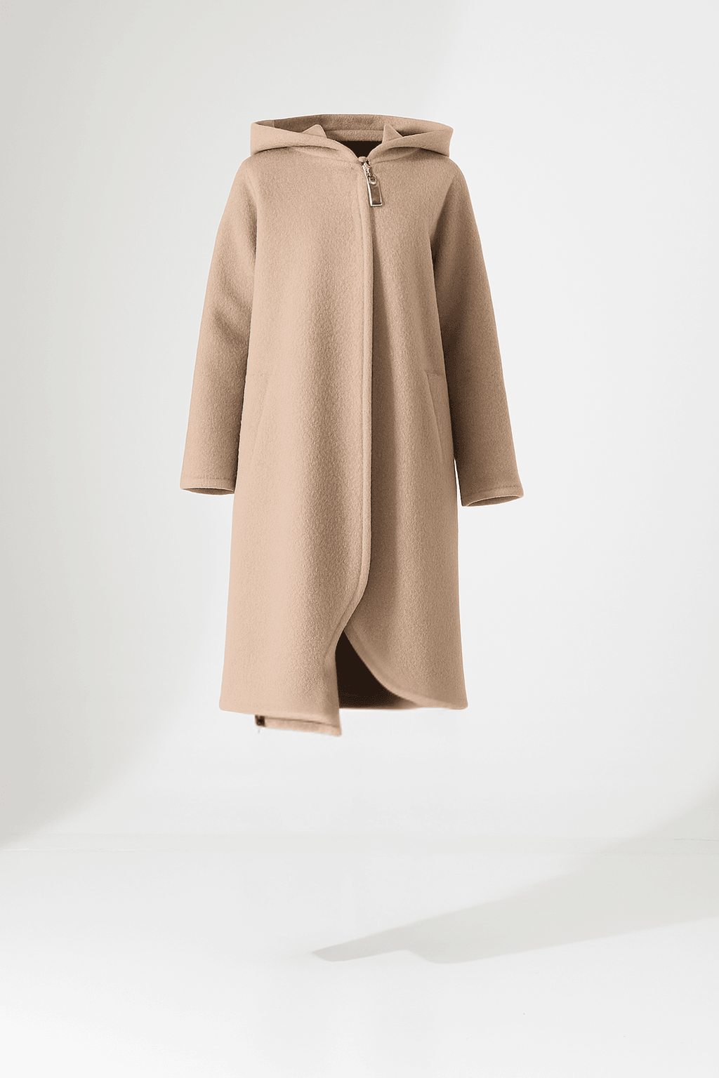 Asimetrik Fermuarlı Kapüşonlu Uzun Kaban - VİZON