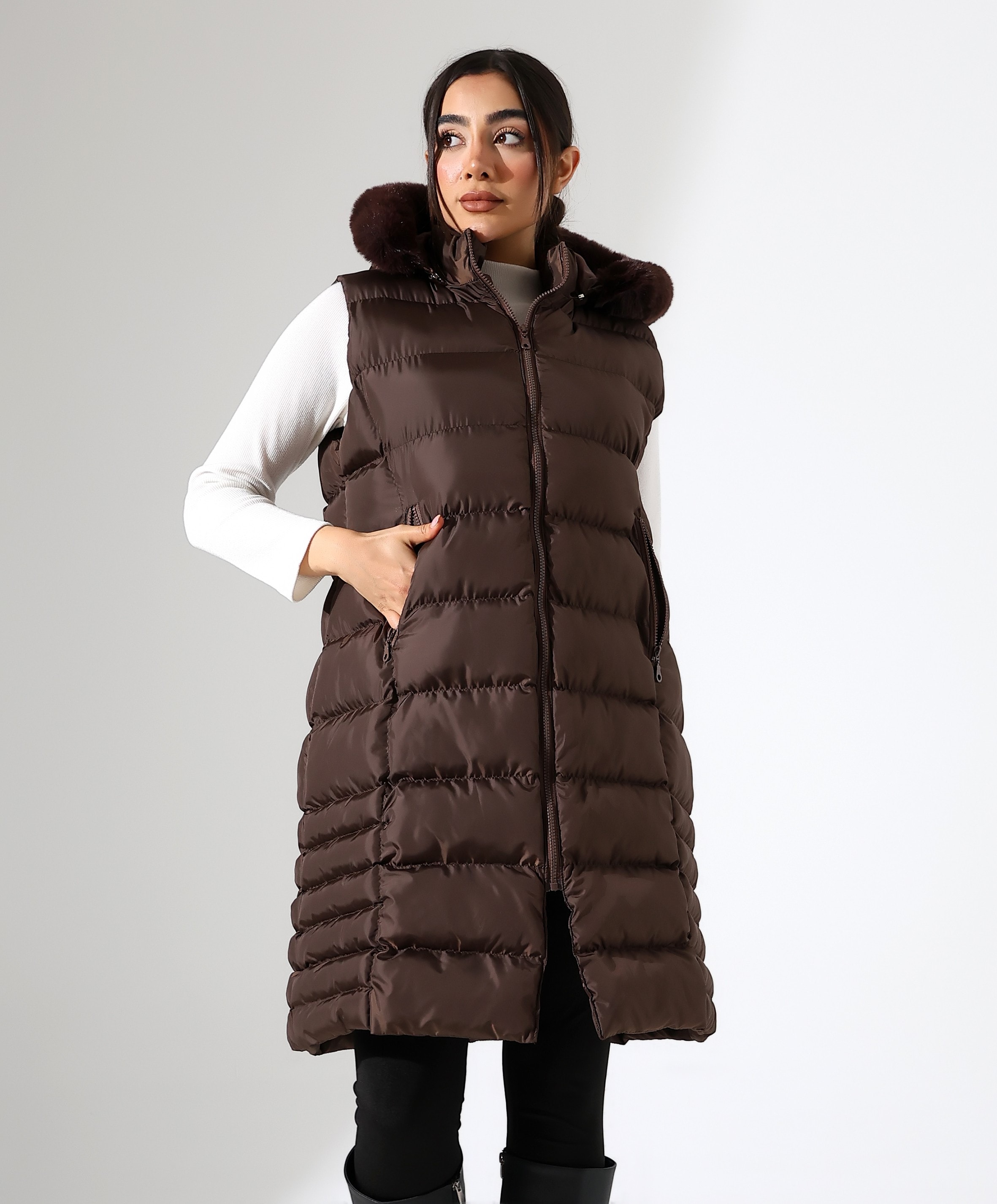 Kürk Detay Kapüşonlu Büyük Beden Şişme Yelek