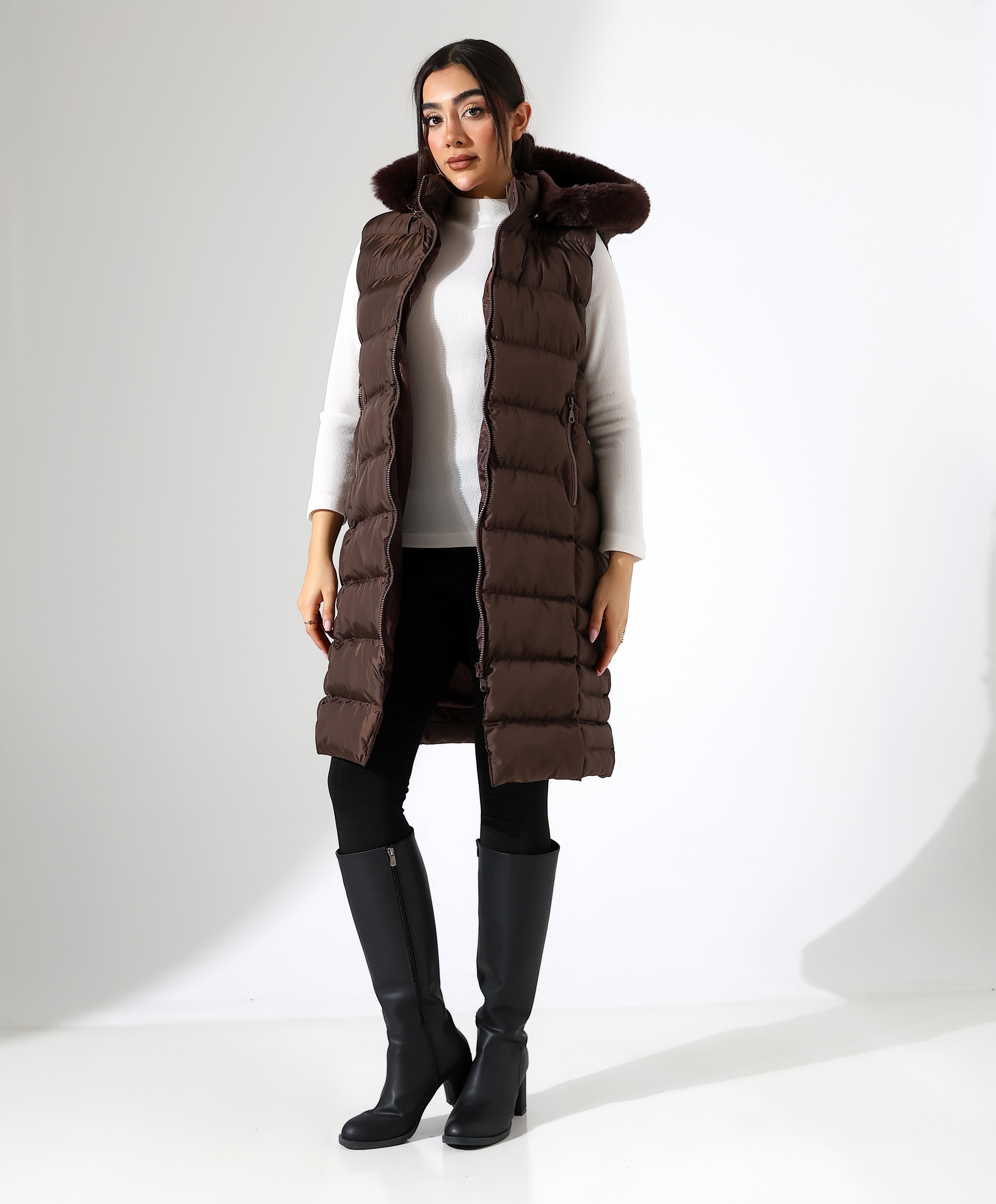 Kürk Detay Kapüşonlu Büyük Beden Şişme Yelek