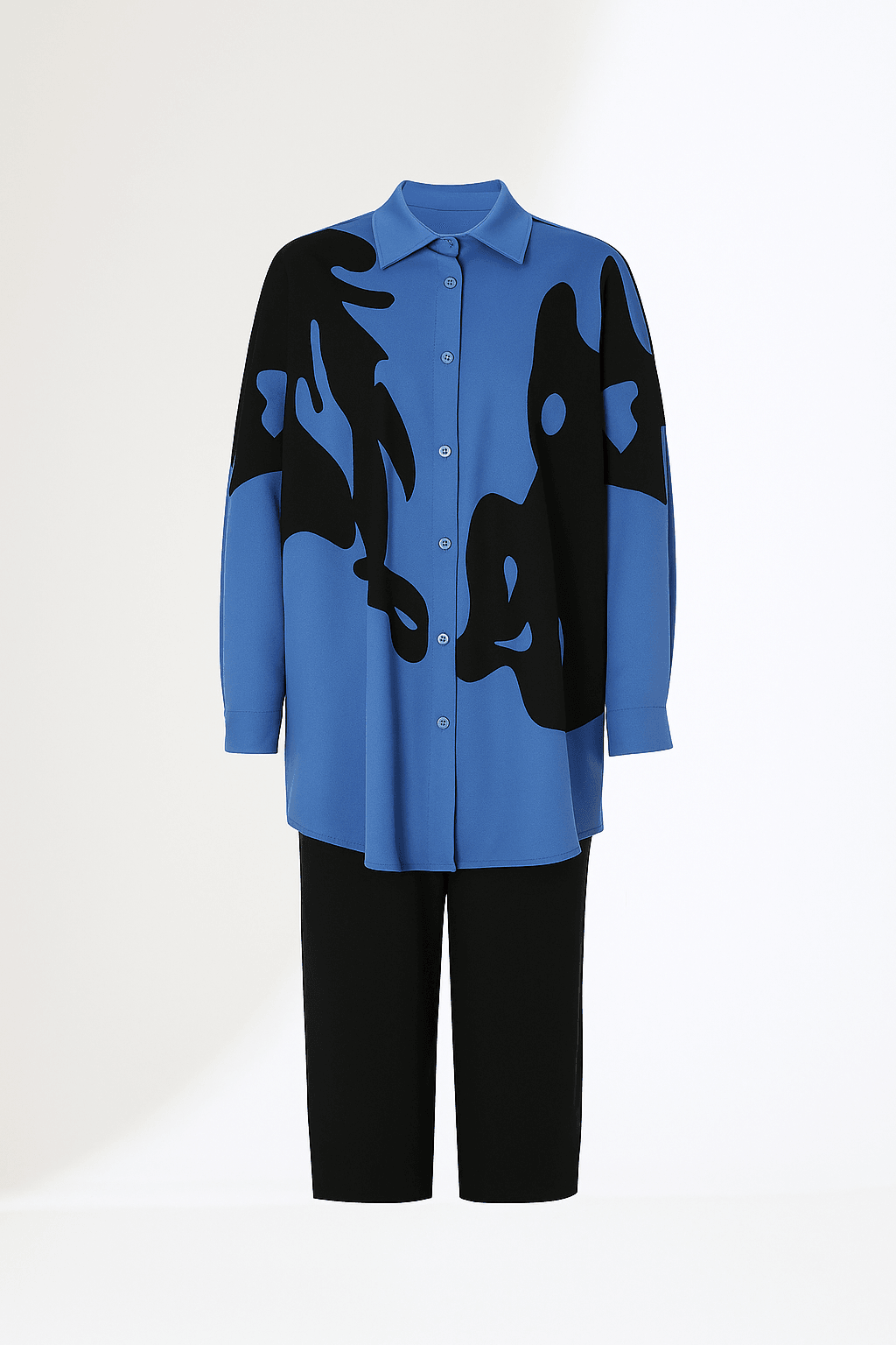 Nakış Detay İki Parça Gömlek Takım - MAVİ