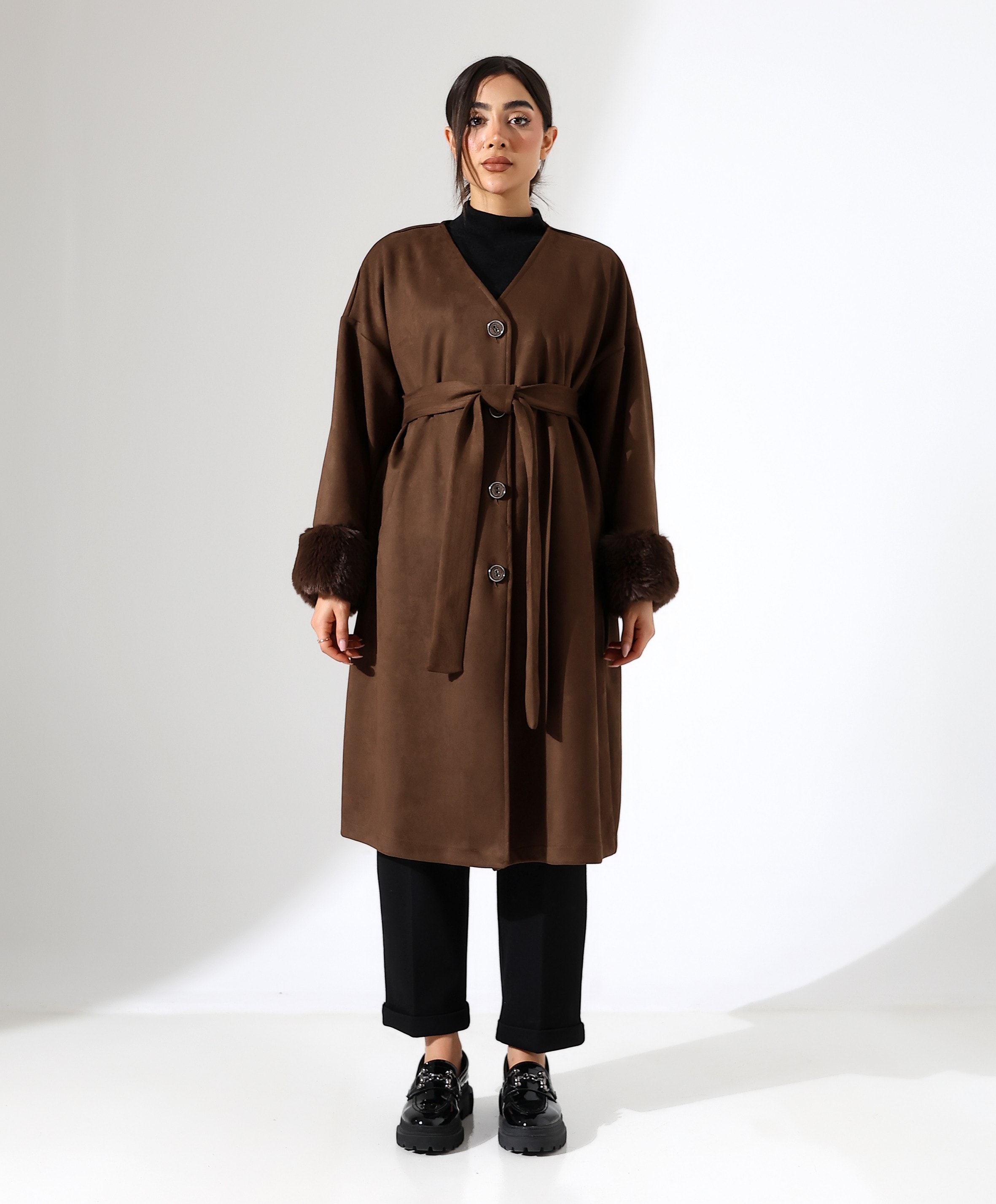 Kürk Detay Düğme Kapama Bol Ceket - KAHVE