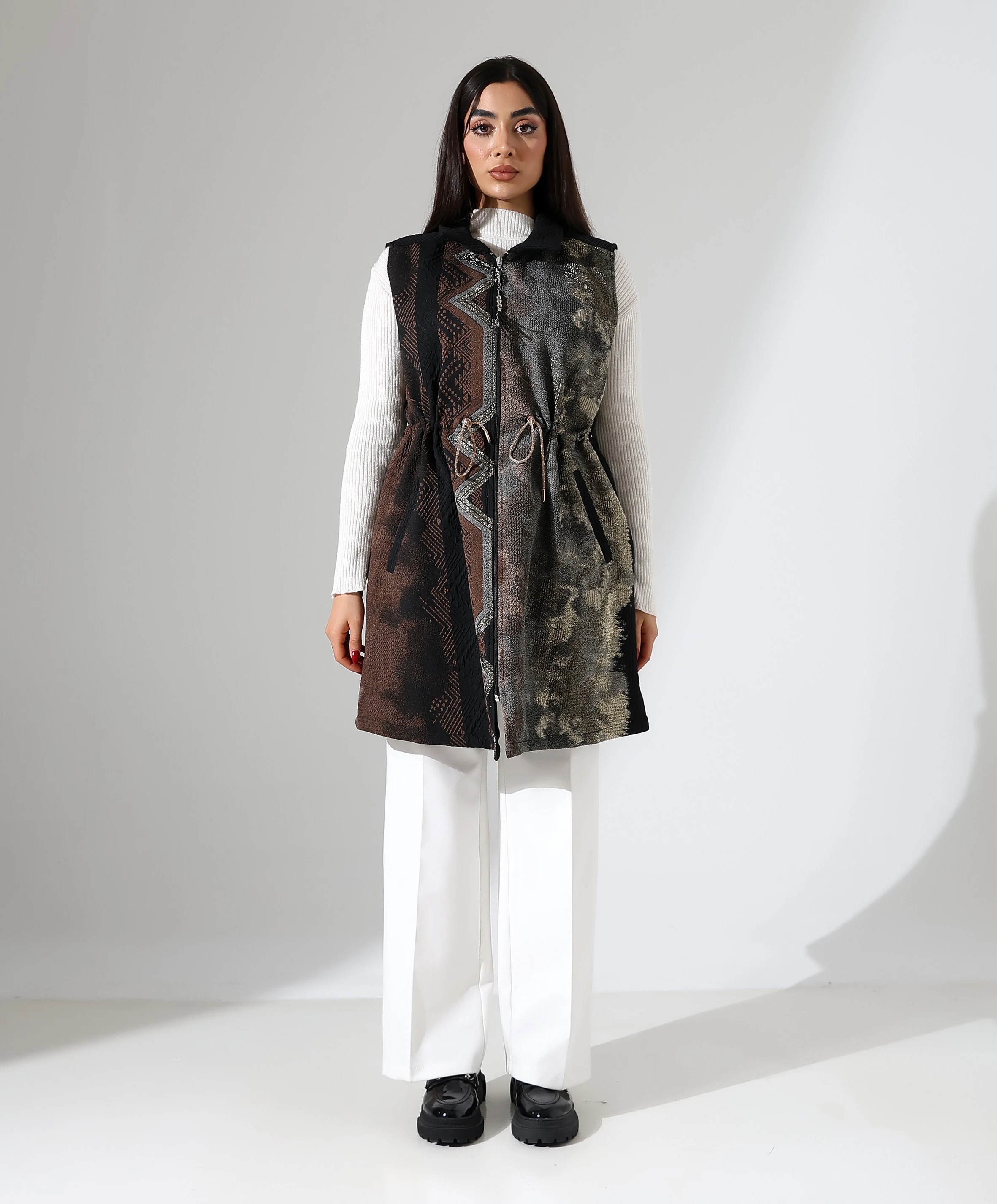 Önden Bağlamalı Fermuar Kapama Yelek - KAHVE