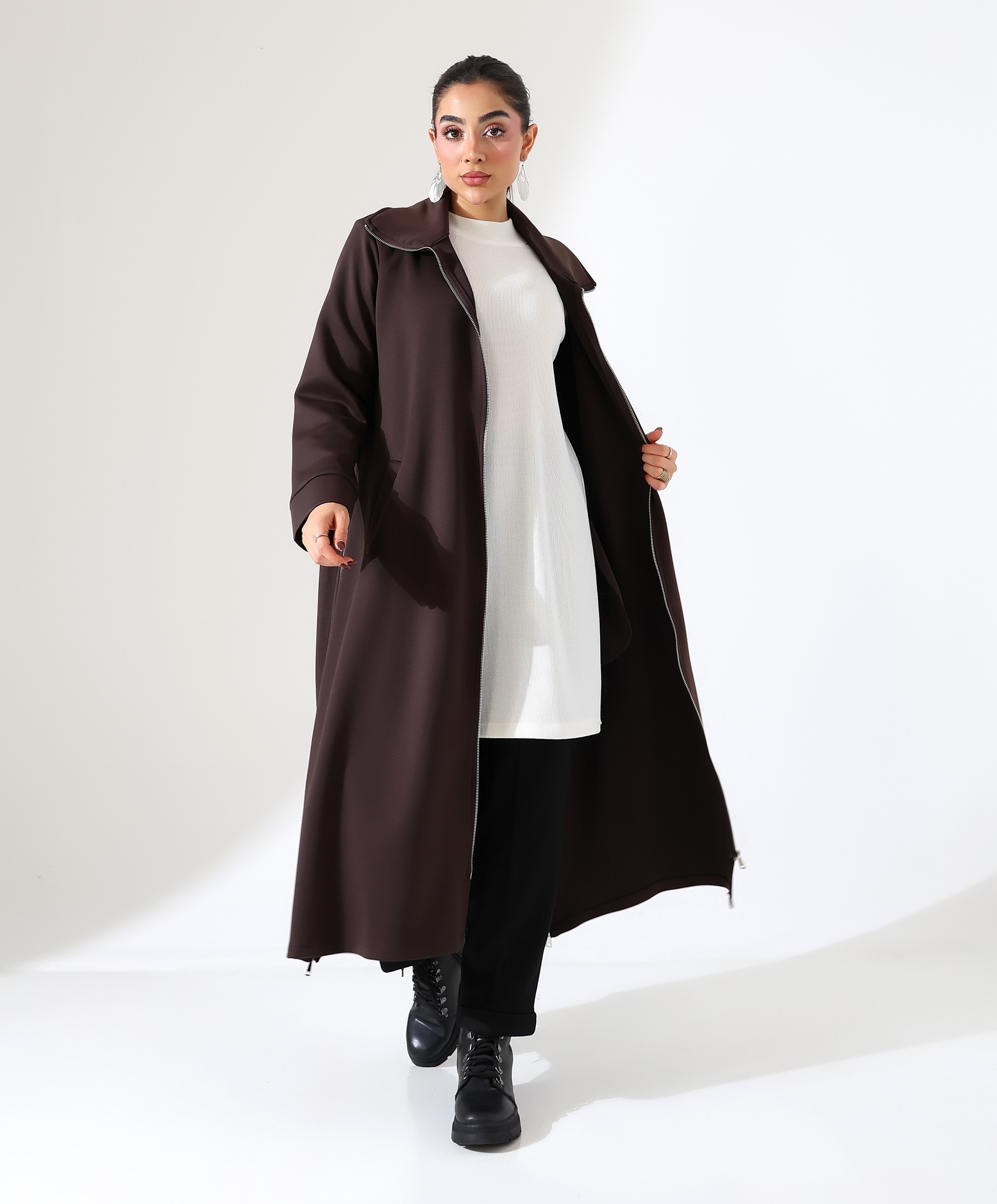 Fermuar Kapama Yırtmaç Detay Uzun Hırka