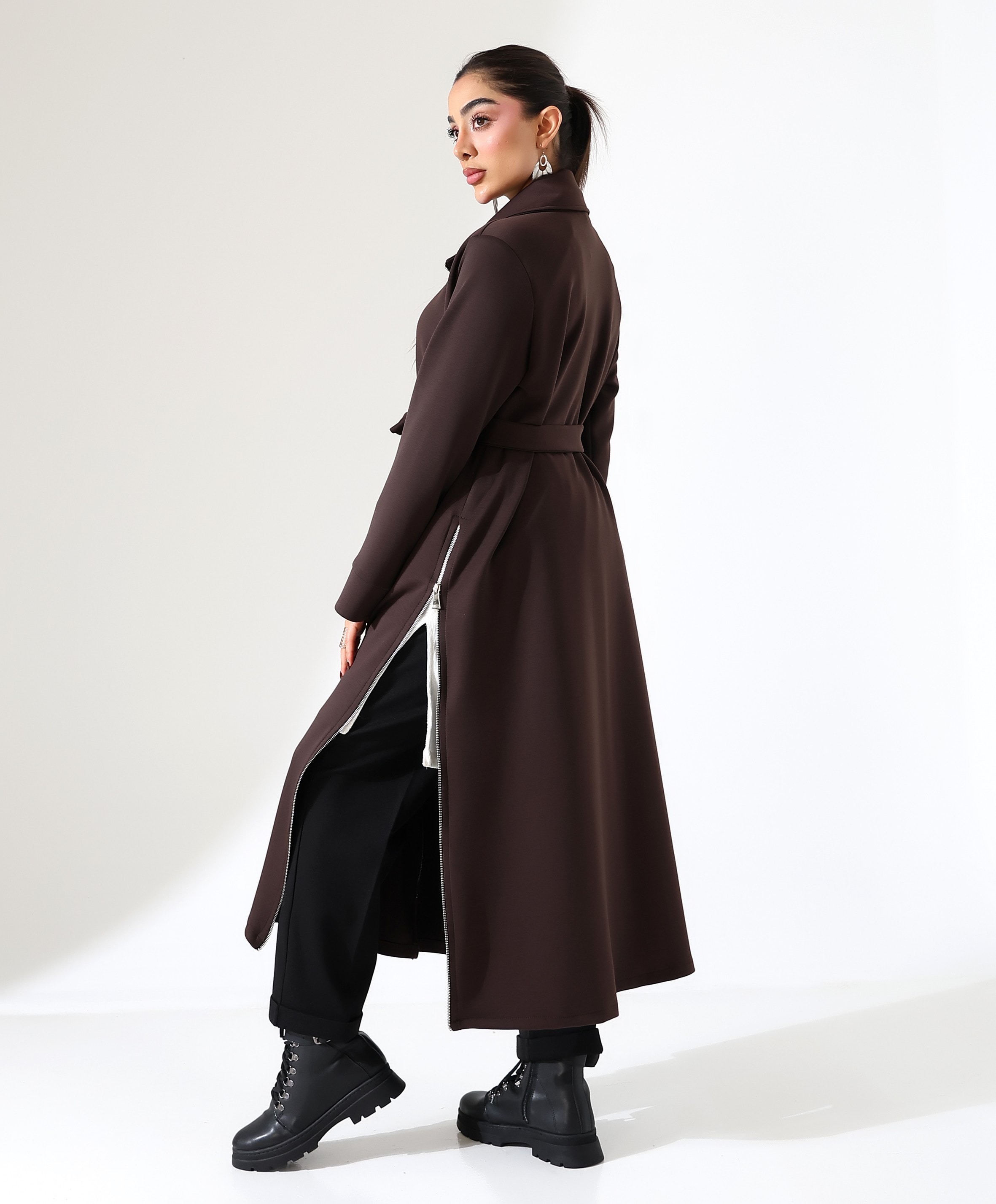 Fermuar Kapama Yırtmaç Detay Uzun Hırka