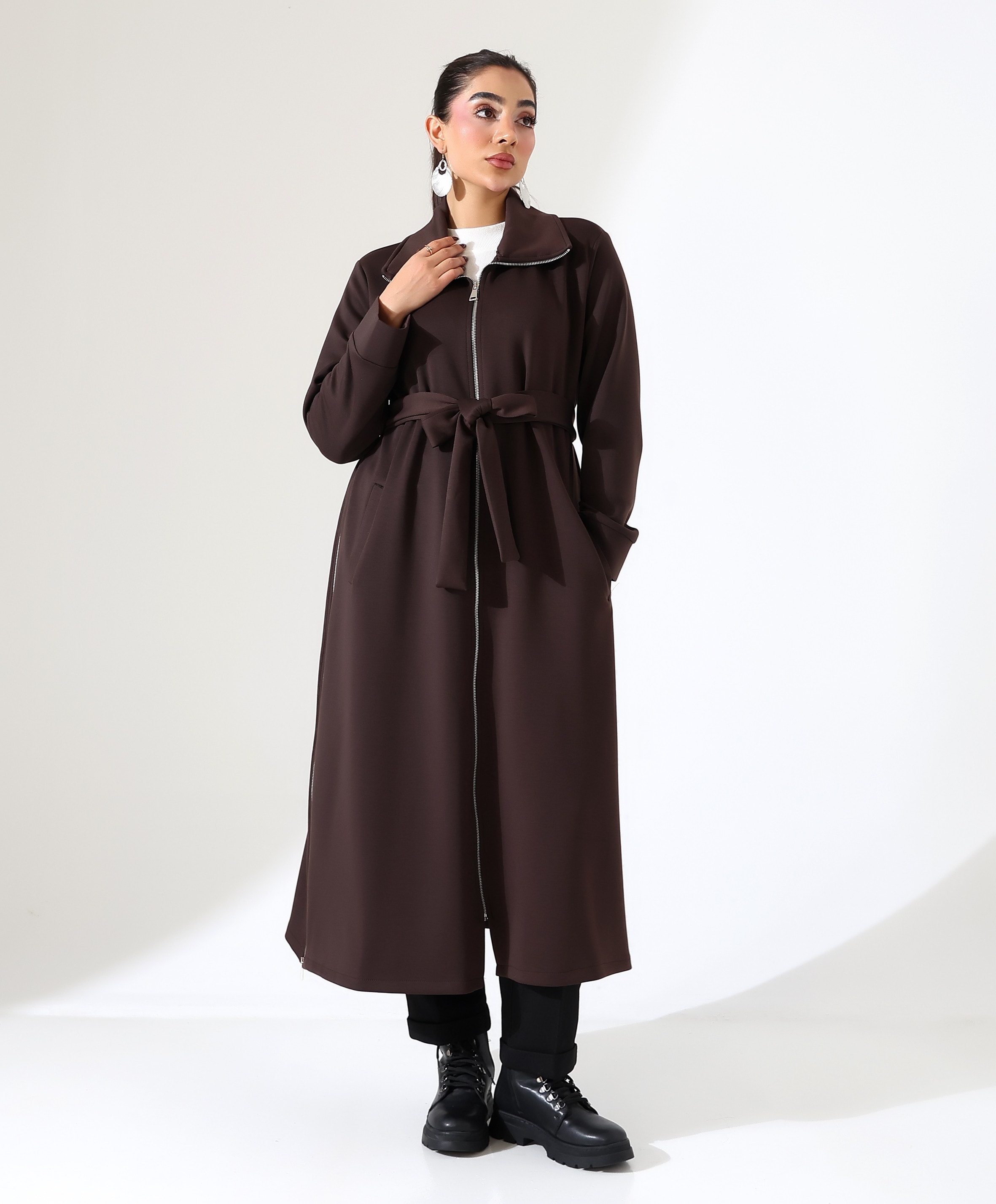 Fermuar Kapama Yırtmaç Detay Uzun Hırka