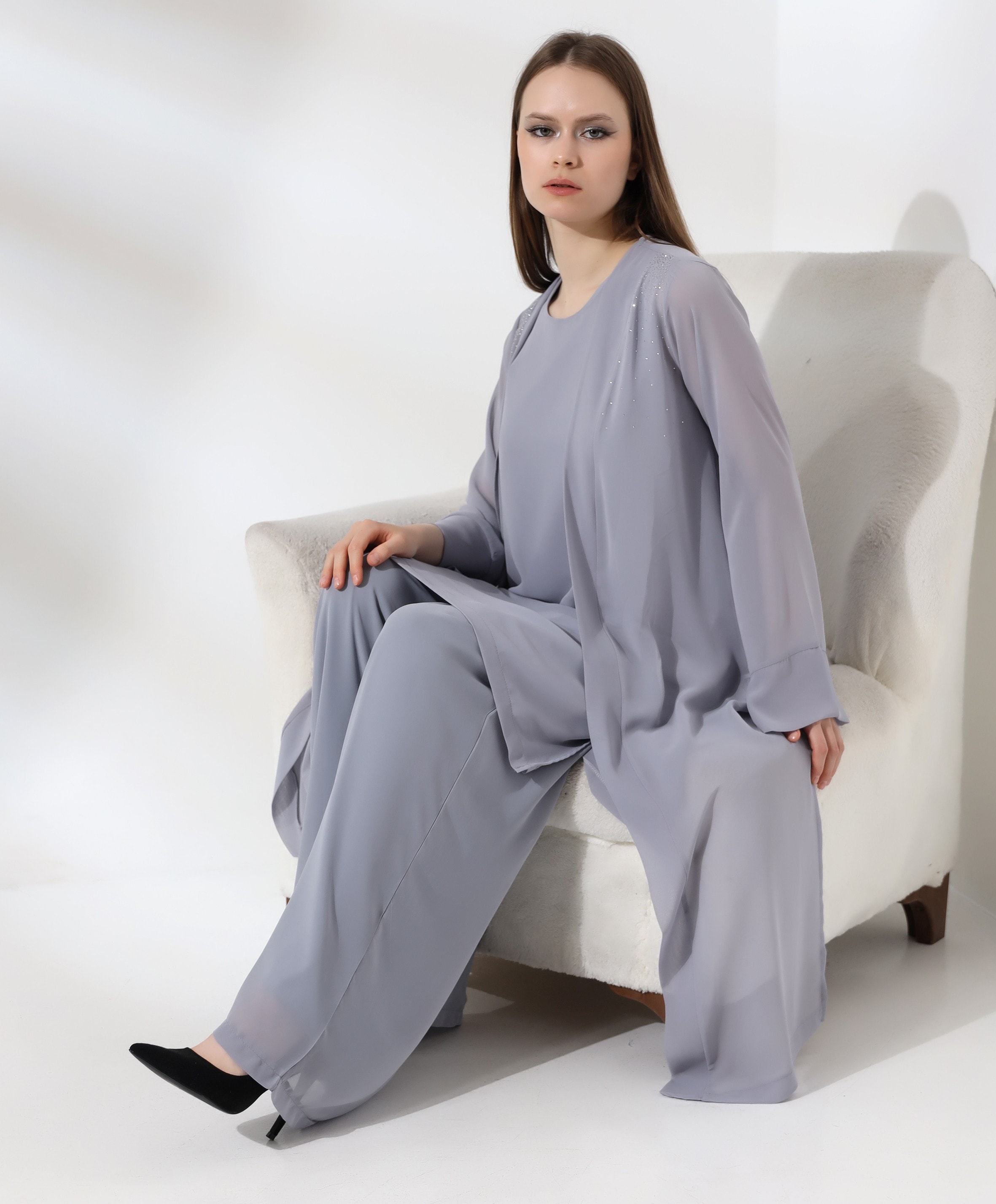 Taş İşleme Şifon Uzun Hırka